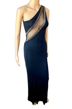 Roberto Cavalli Sheer Mesh Cutout Embellished One Shoulder Evening Dress Gown
