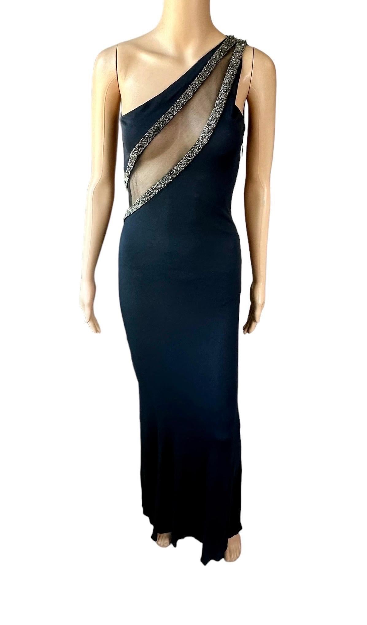 Roberto Cavalli Vestido de noche de un solo hombro adornado con recorte de malla transparente Negro en venta