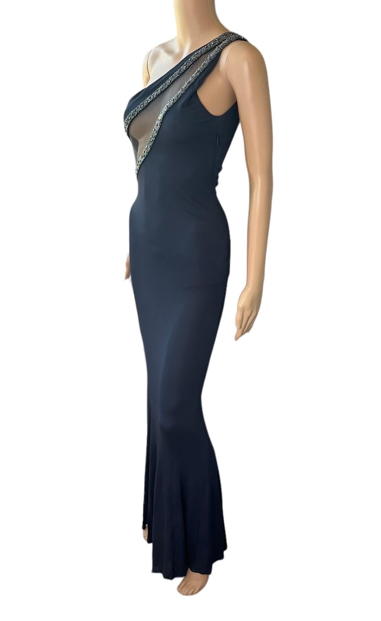 Roberto Cavalli Vestido de noche de un solo hombro adornado con recorte de malla transparente en Bueno estado para la venta en Naples, FL