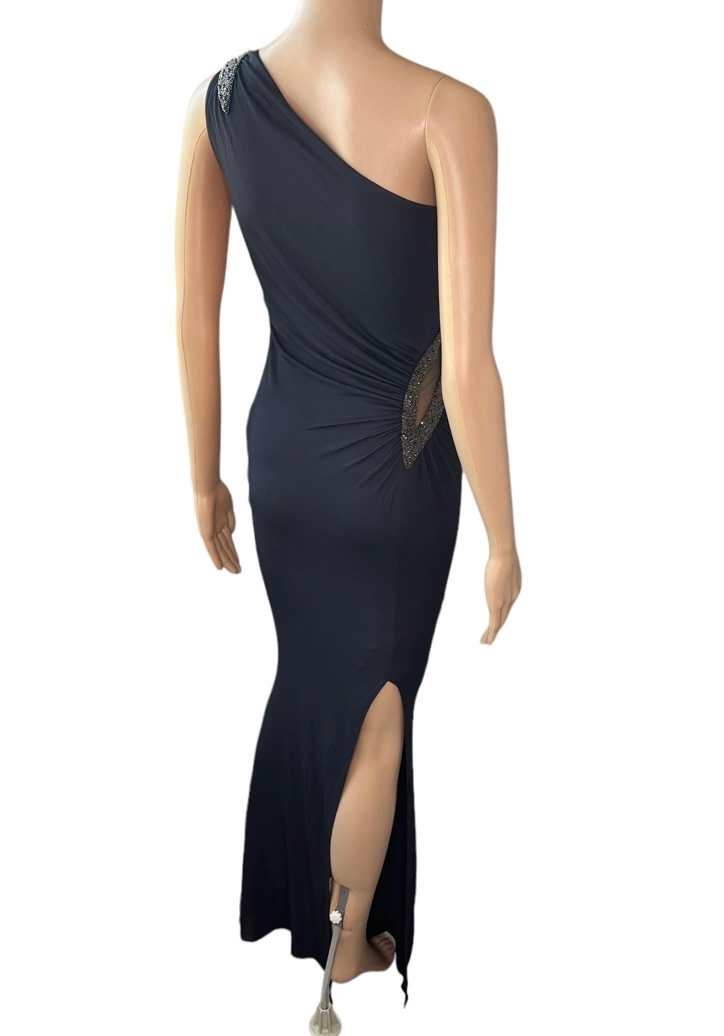 Roberto Cavalli Vestido de noche de un solo hombro adornado con recorte de malla transparente en venta 1