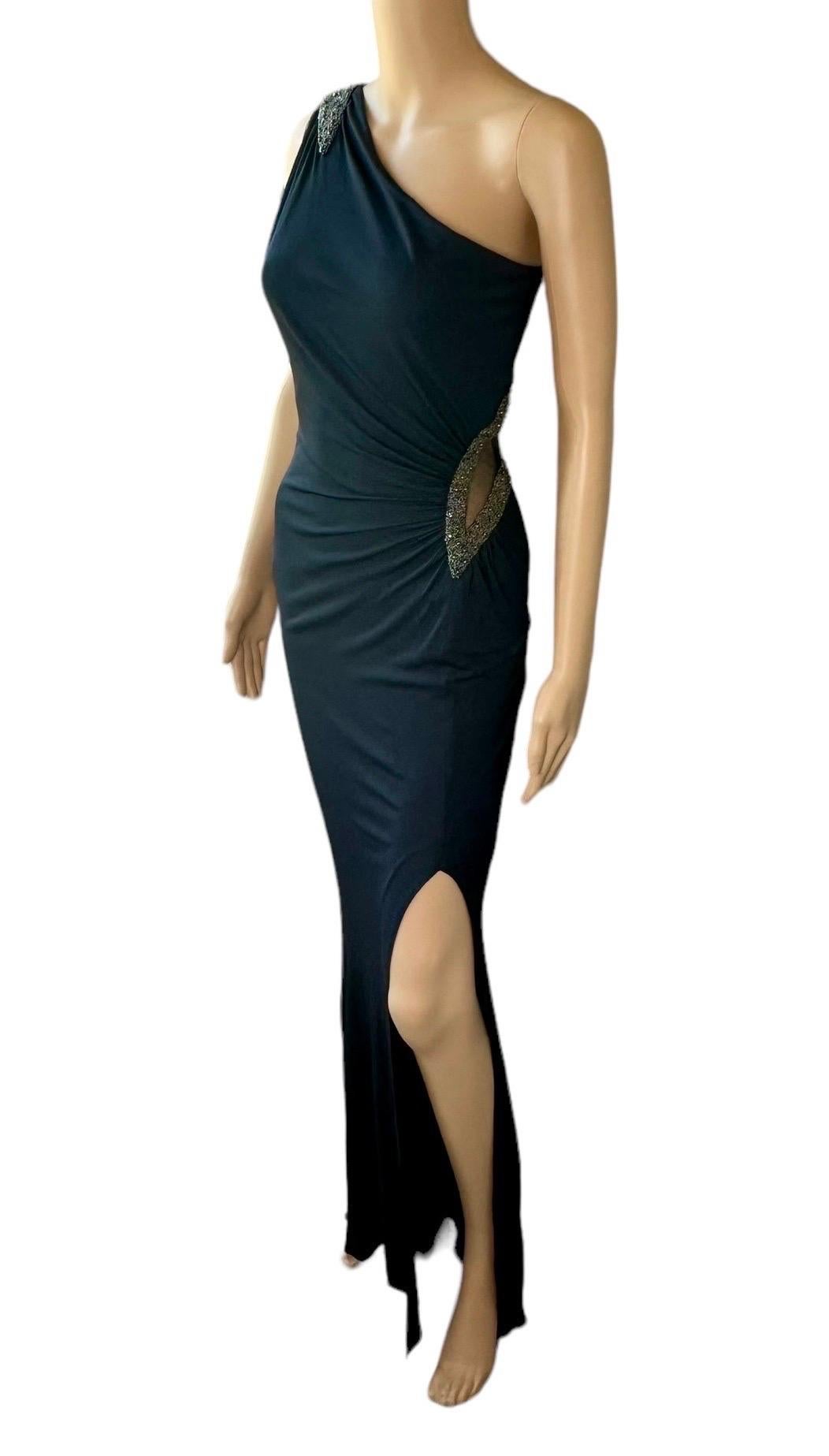Roberto Cavalli Vestido de noche de un solo hombro adornado con recorte de malla transparente en venta 3