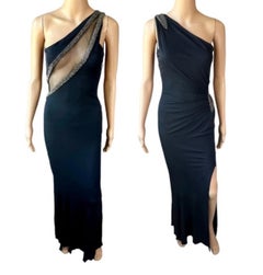 Roberto Cavalli Sheer Mesh Cutout Embellished One Shoulder Evening Dress Gown