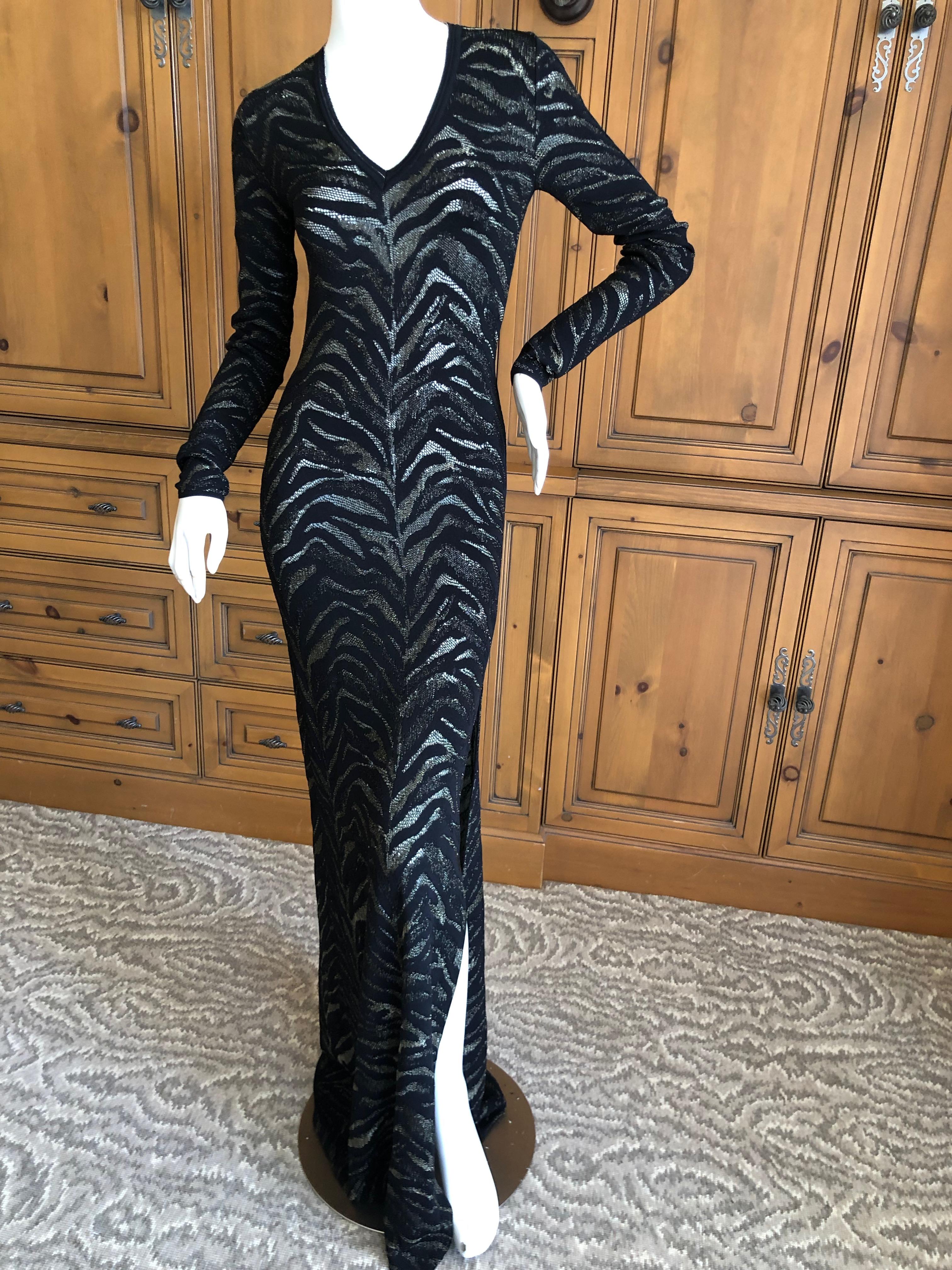 Roberto Cavalli Sheer Vintage Gold and Black Knit Zebra Pattern Evening Dress
Hard to photograph, it is semi sheer and very sexy with a high side slit.
Size 38, lots of stretch
 Bust 34