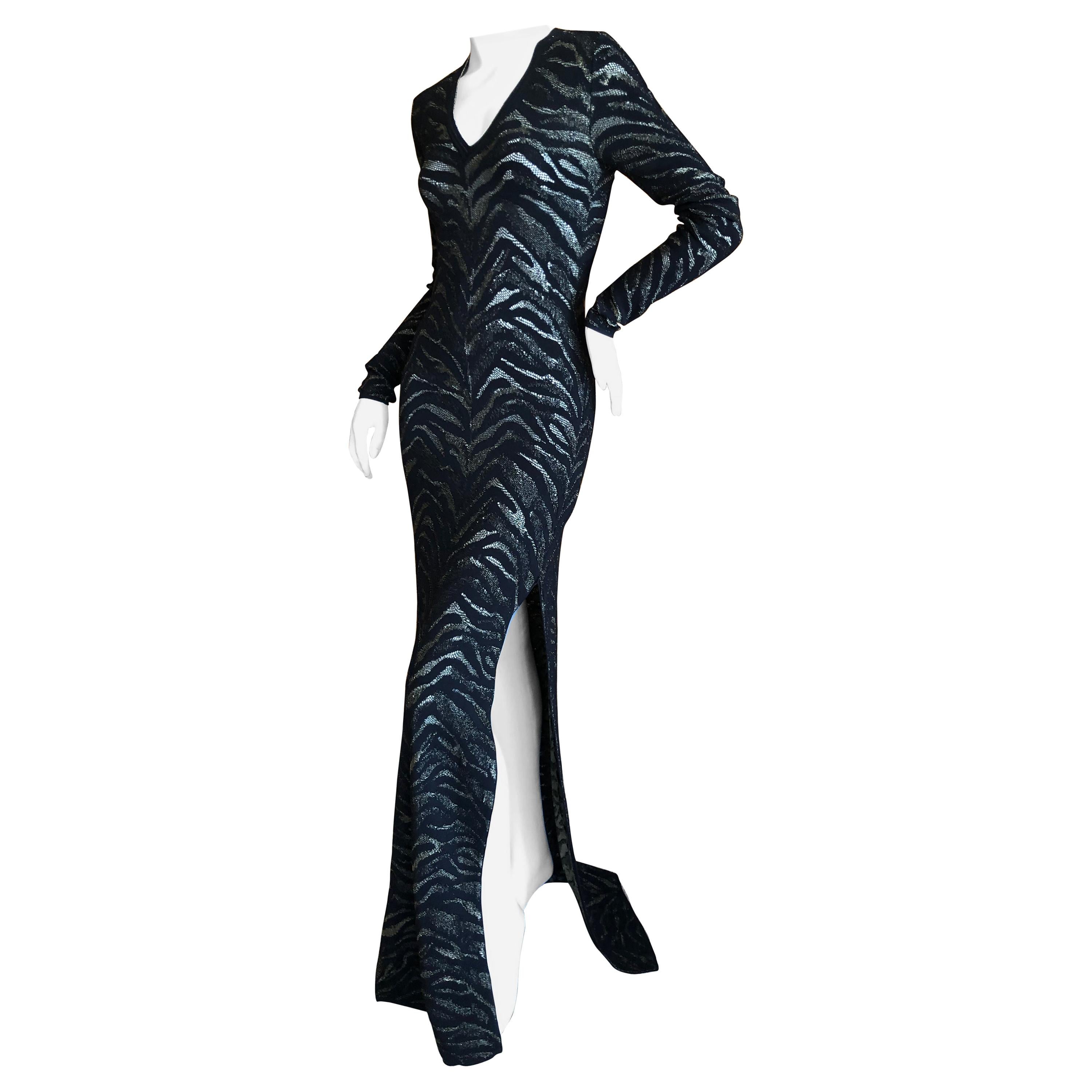 Roberto Cavalli Sheer Vintage Gold and Black Knit Zebra Pattern Evening Dress For Sale