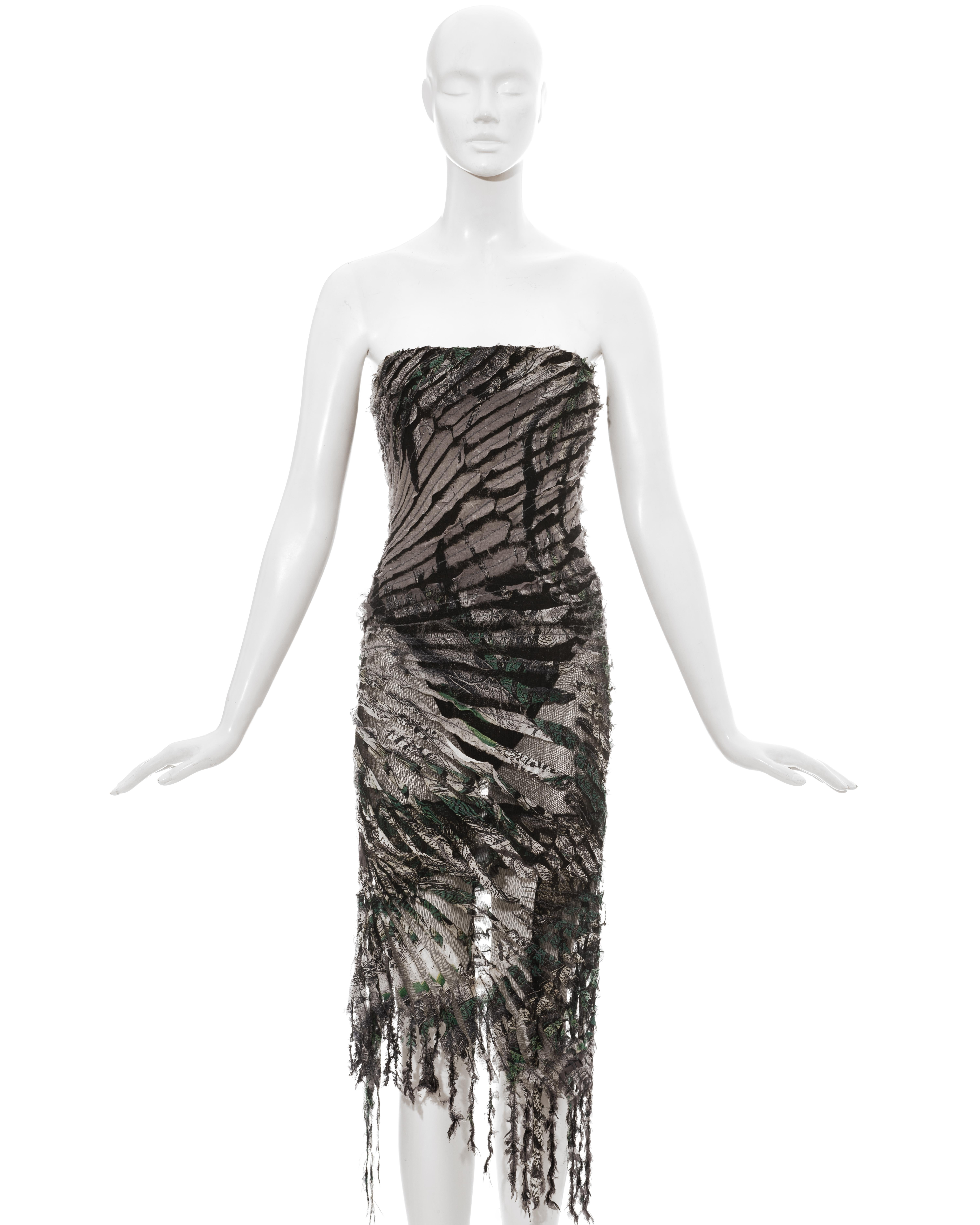 Roberto Cavalli multicoloured shredded silk and mesh evening dress with built-in corseted bodysuit. 

Fall-Winter 2001