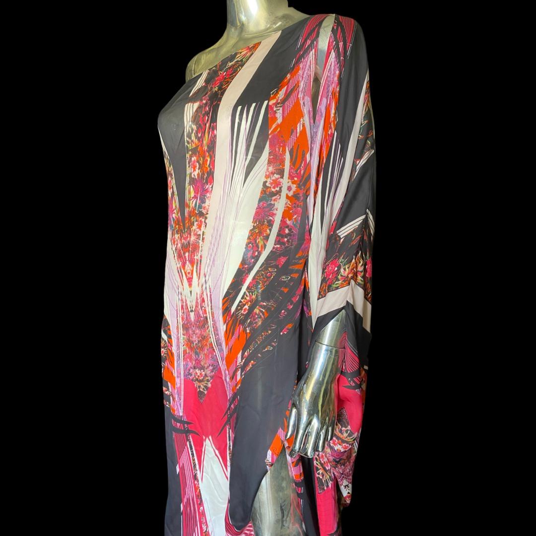 Brown Roberto Cavalli Italy Signature Silk Abstract Print One Shoulder Gown Size 8 For Sale