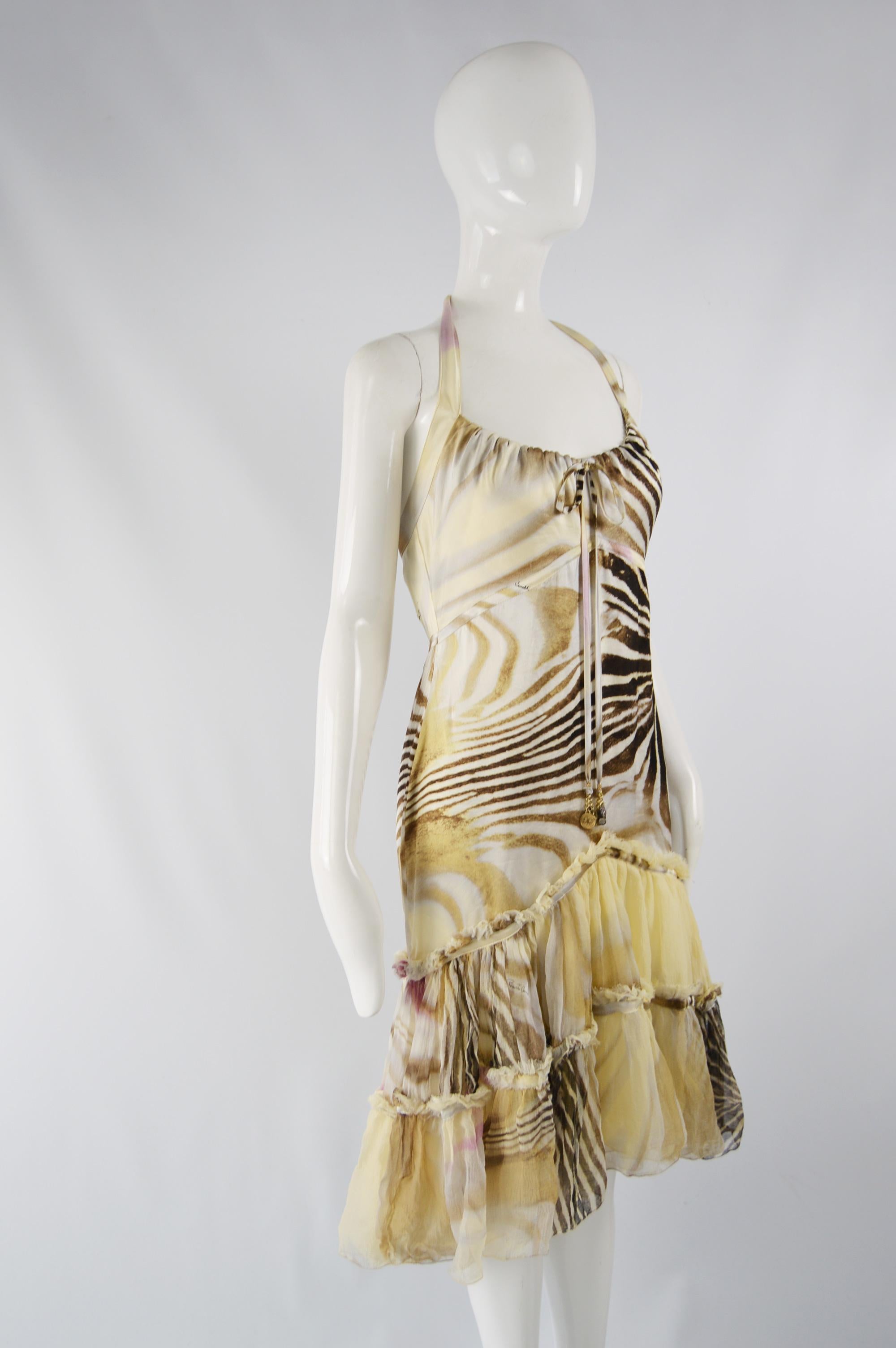 Beige Roberto Cavalli Silk Animal Print Chiffon Dress