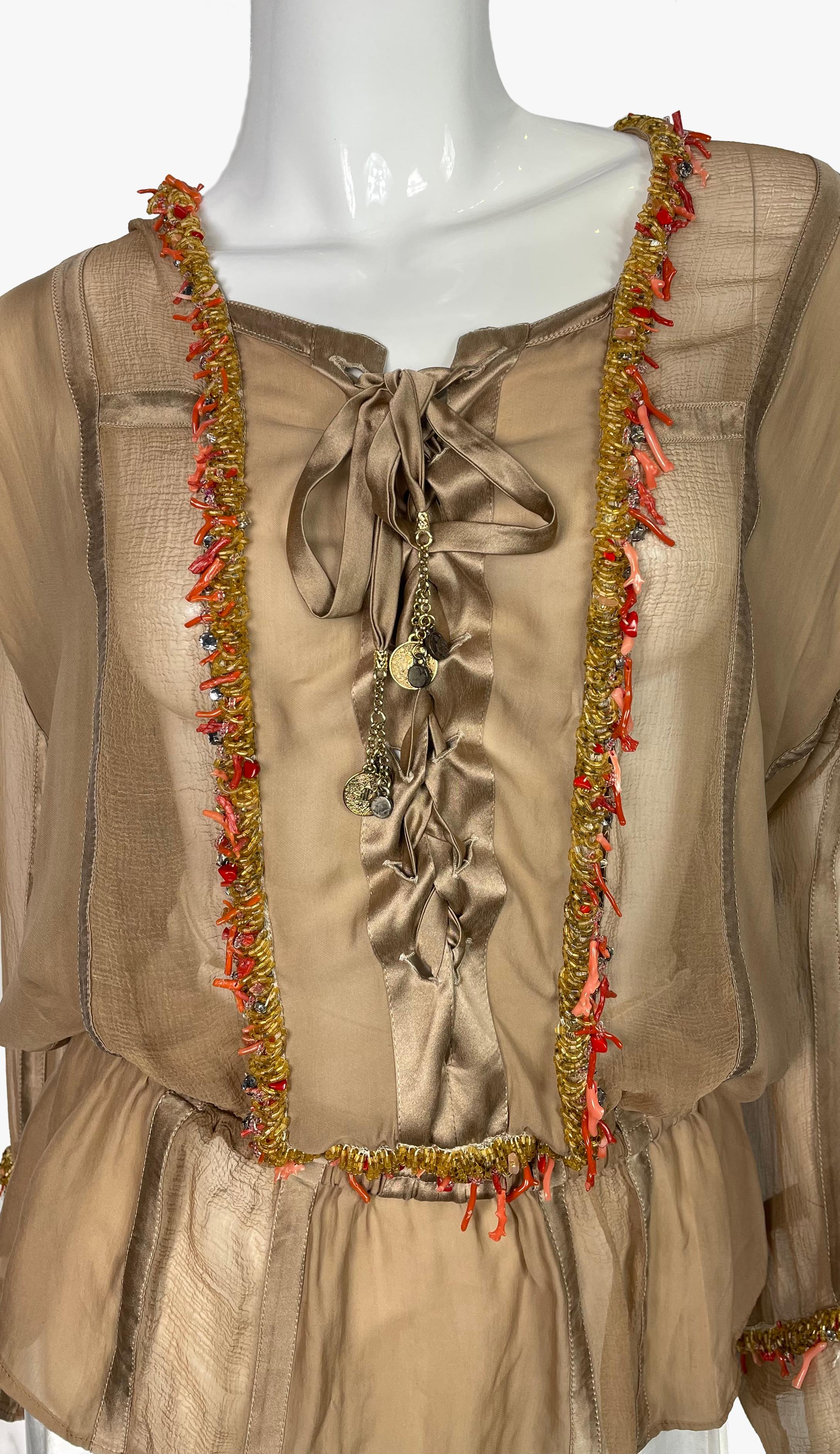 Brown Roberto Cavalli silk blouse decorated with corals and beads, 2000s For Sale