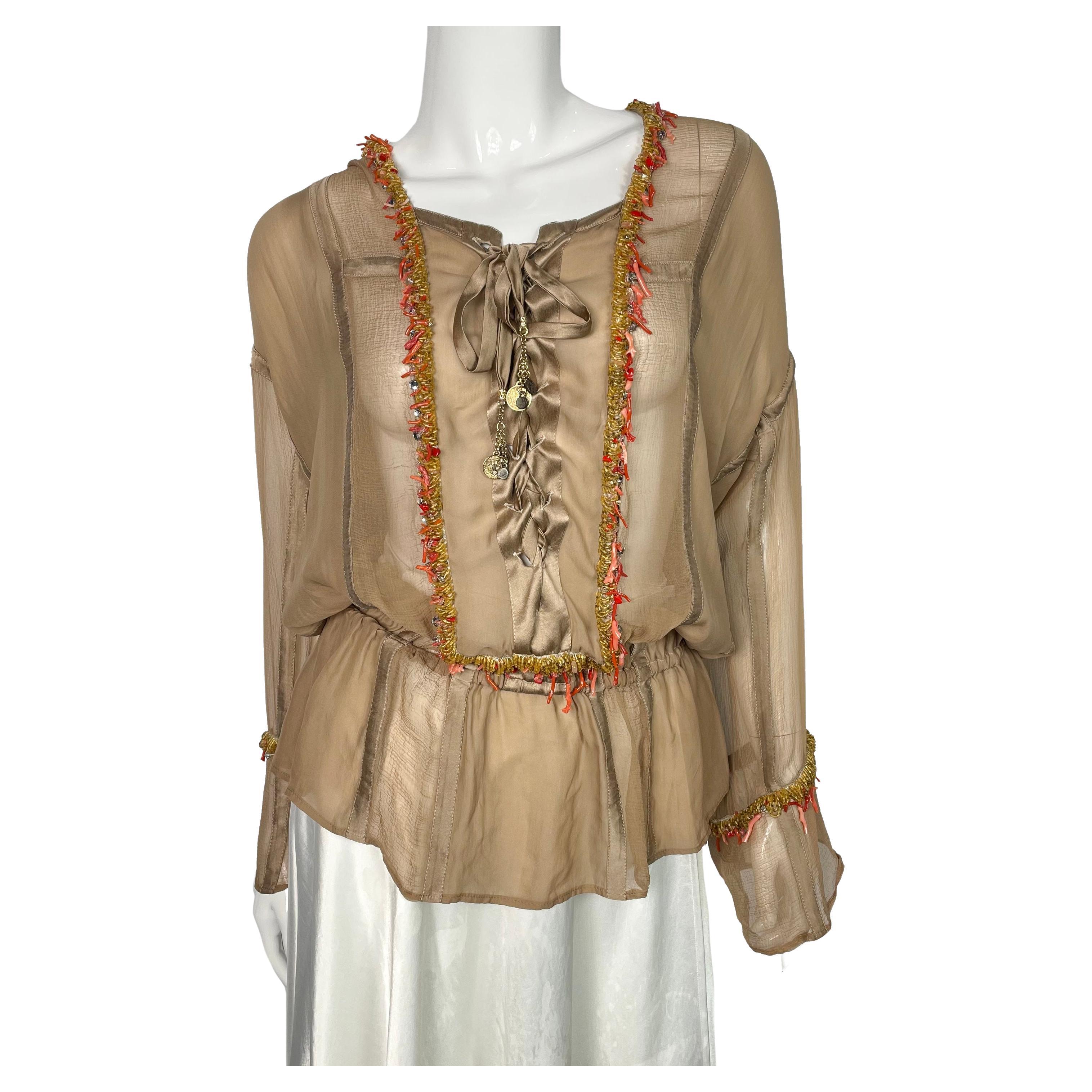 Roberto Cavalli silk blouse decorated with corals and beads, 2000s For Sale