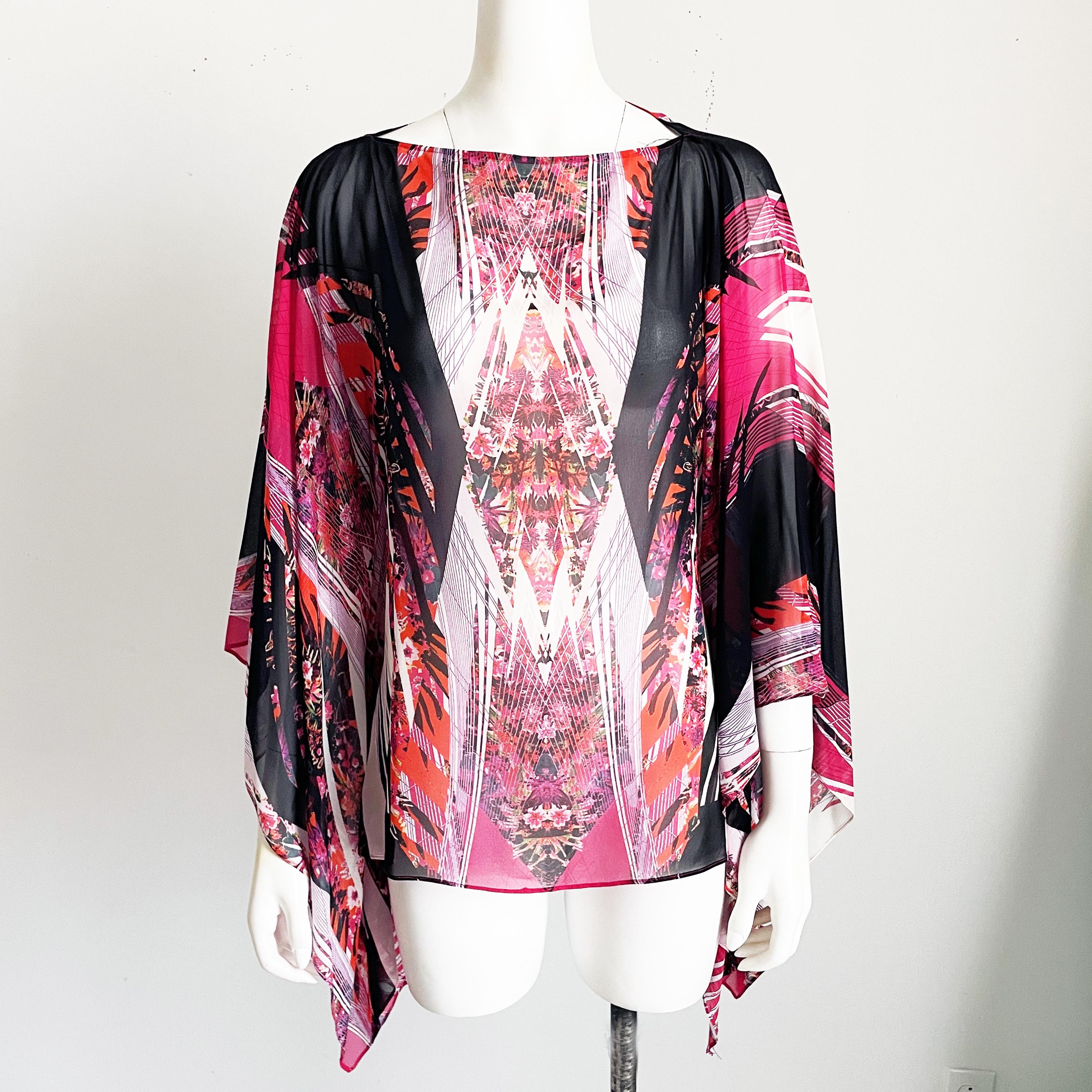 Roberto Cavalli Silk Caftan Blouse with Belt Abstract Print Angel Sleeve OSFM For Sale 3