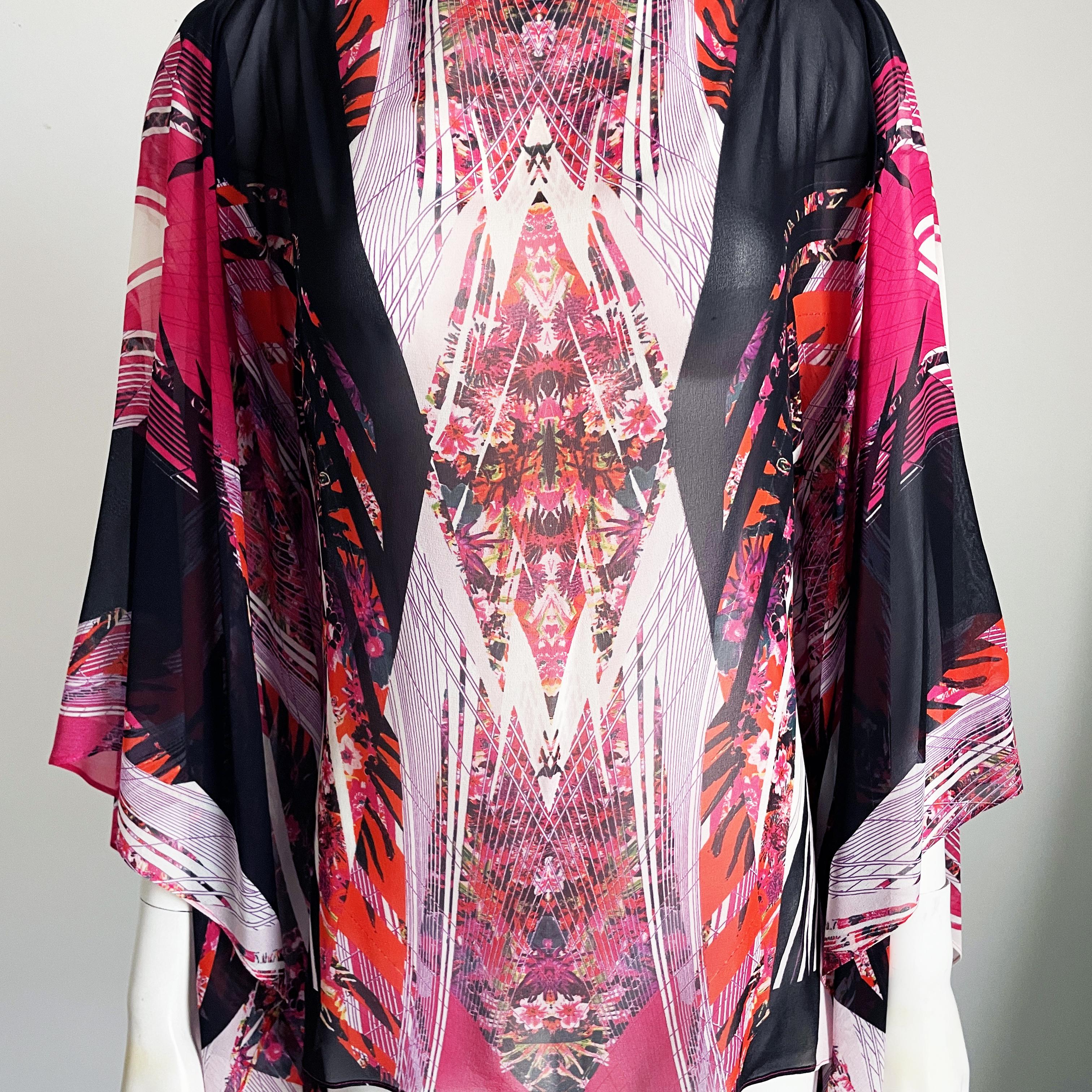 Roberto Cavalli Silk Caftan Blouse with Belt Abstract Print Angel Sleeve OSFM For Sale 4