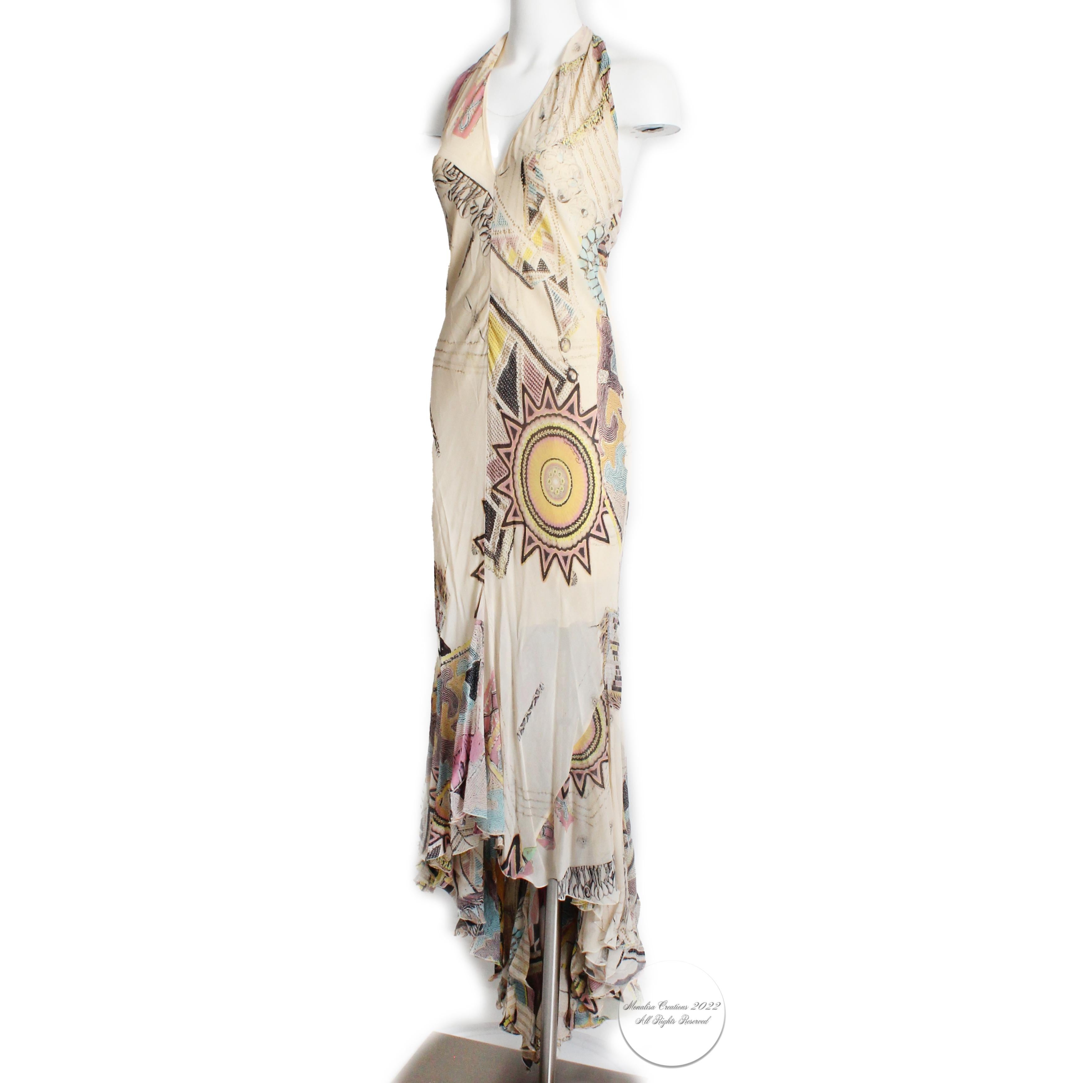 Roberto Cavalli Silk Chiffon Halter Dress Hi Lo Ruffle Mermaid Hem M In Good Condition In Port Saint Lucie, FL