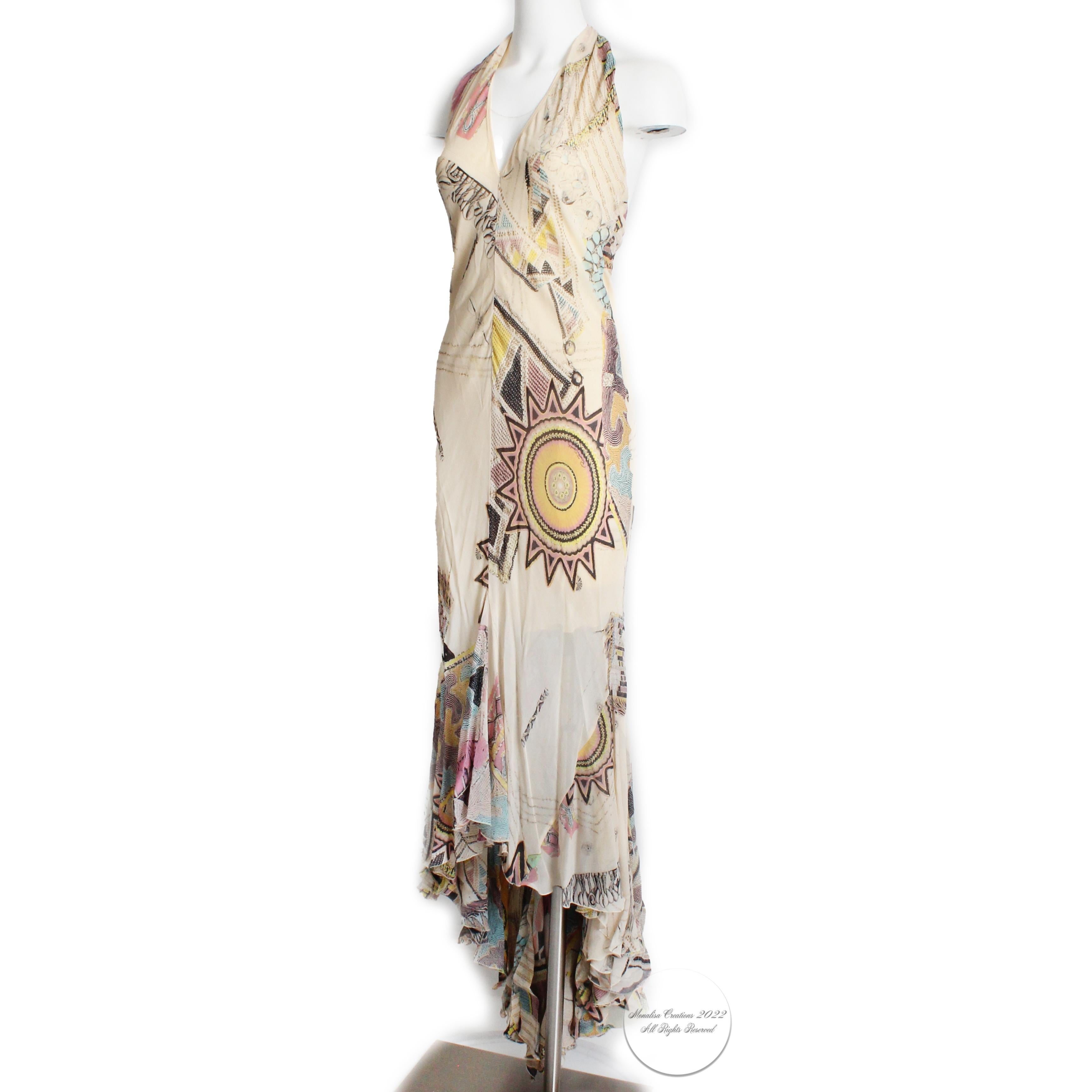 Roberto Cavalli Silk Chiffon Halter Dress Hi Lo Ruffle Mermaid Hem M  In Good Condition In Port Saint Lucie, FL