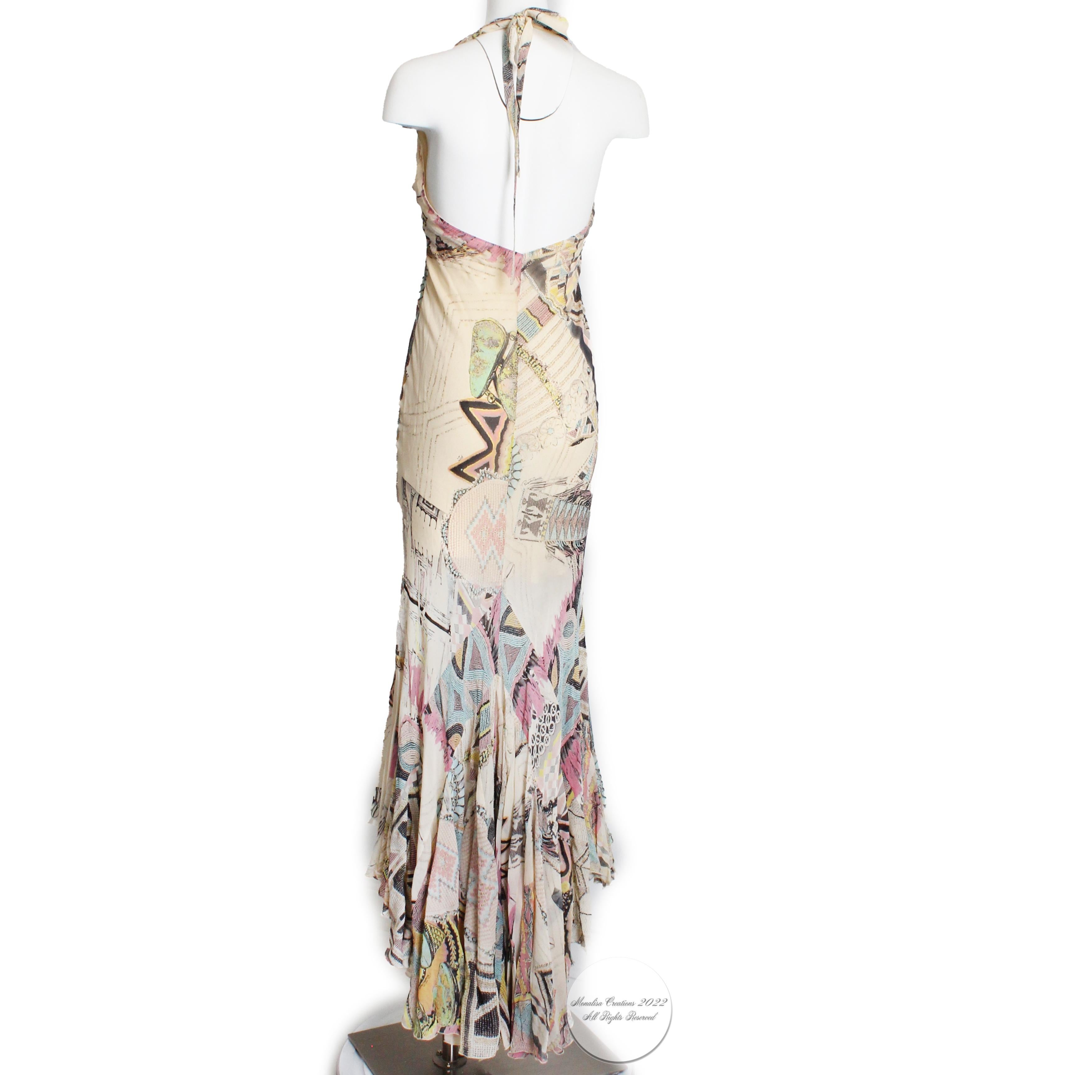 Roberto Cavalli Silk Chiffon Halter Dress Hi Lo Ruffle Mermaid Hem M  3