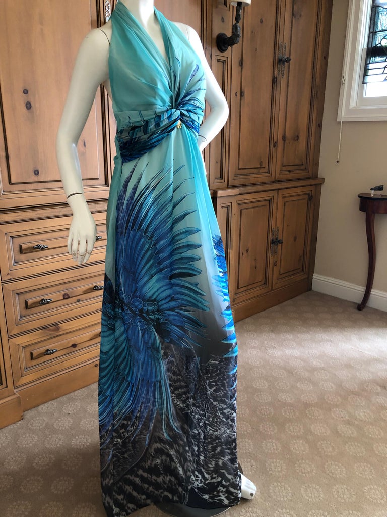 Roberto Cavalli Silk Feather Print Halter Style Evening Dress New Tags ...