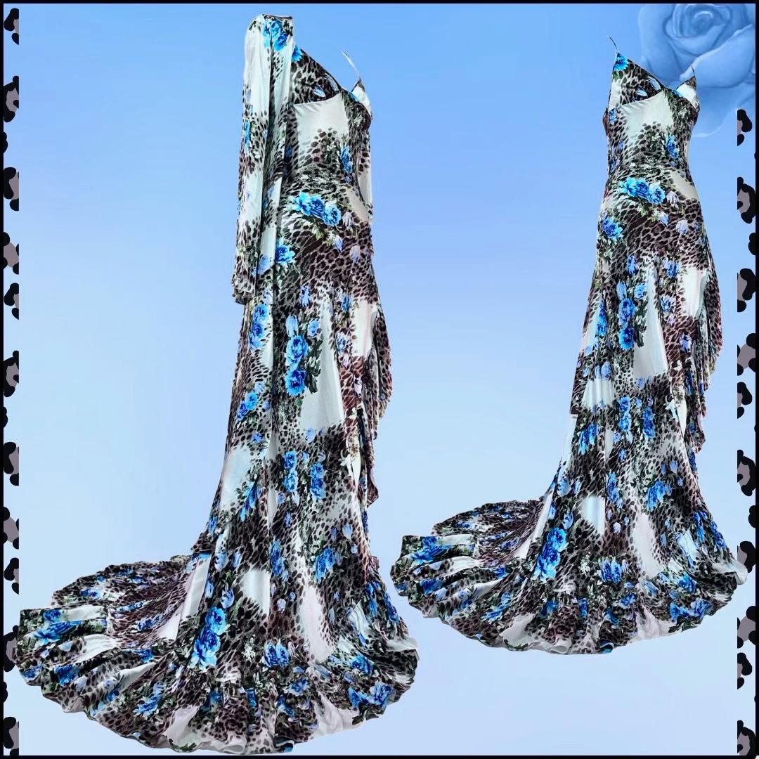 Roberto Cavalli Silk Floral High Slit Gown Dress with Robe S/S 2000 Size 40IT In Good Condition For Sale In Saint Petersburg, FL