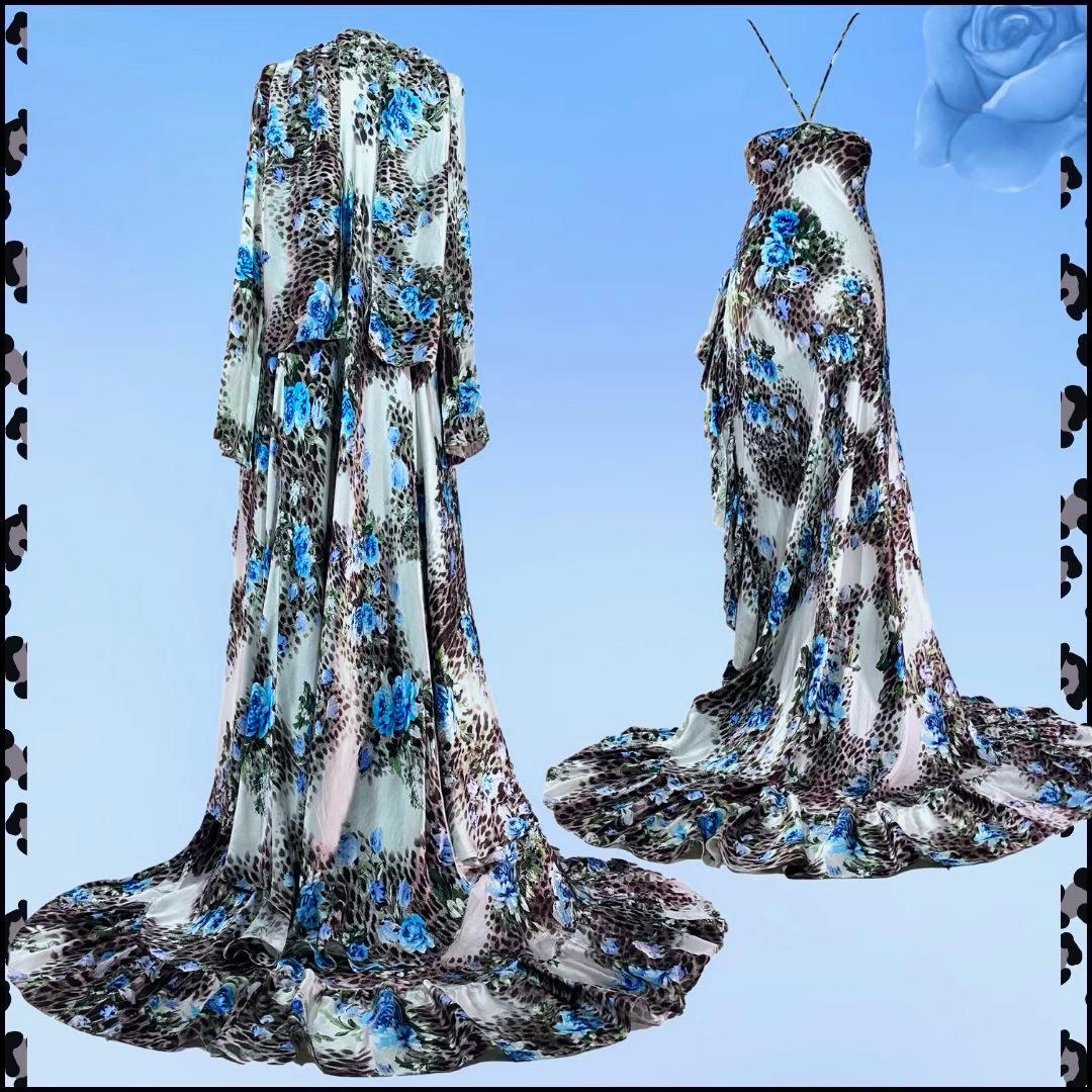 Roberto Cavalli Silk Floral High Slit Gown Dress with Robe S/S 2000 Size 40IT In Good Condition For Sale In Saint Petersburg, FL