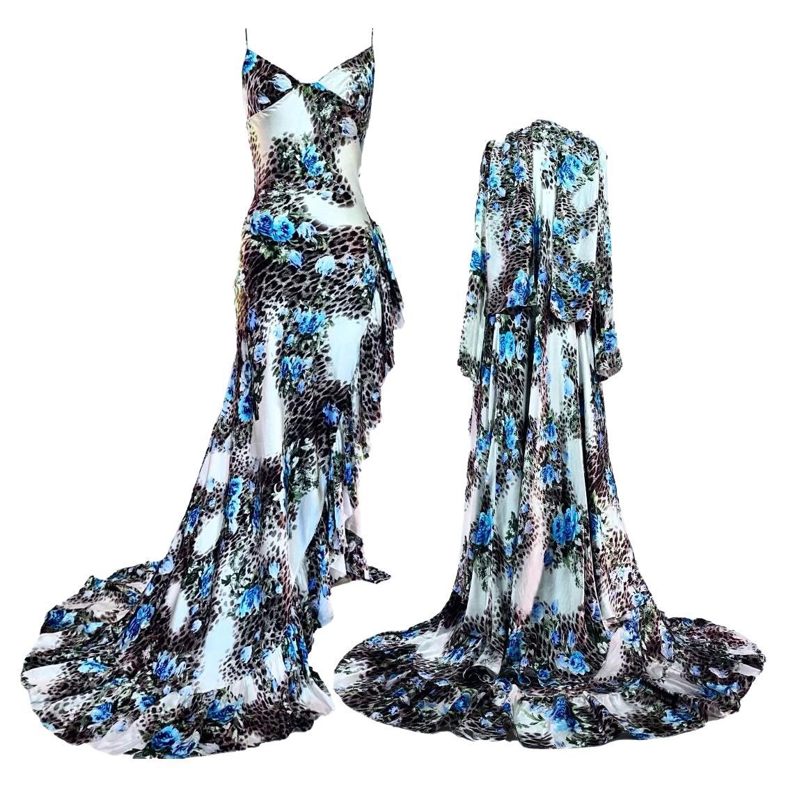 Roberto Cavalli Silk Floral High Slit Gown Dress with Robe S/S 2000 Size 40IT For Sale