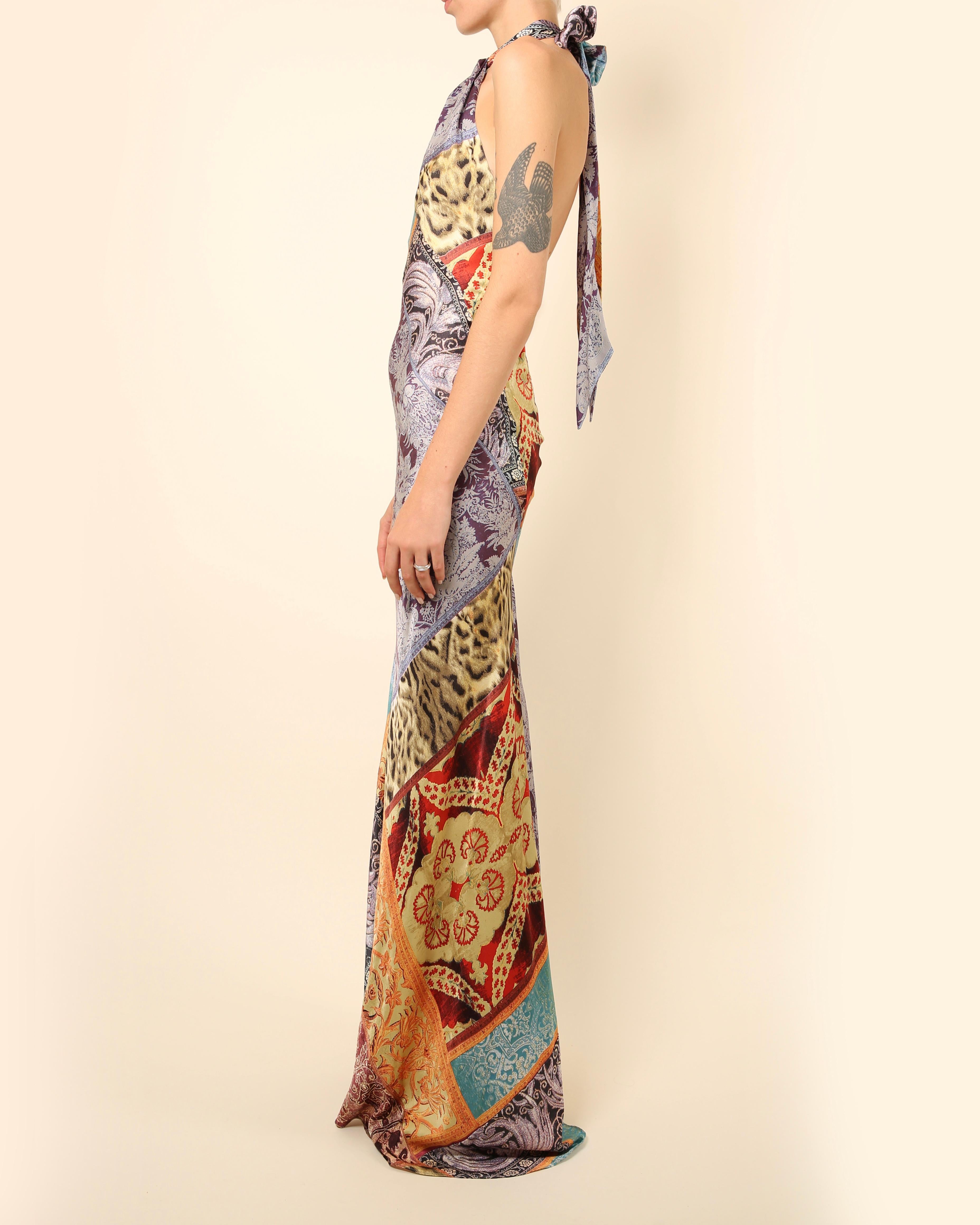Roberto Cavalli silk floral leopard print halter neck backless maxi dress gown 3