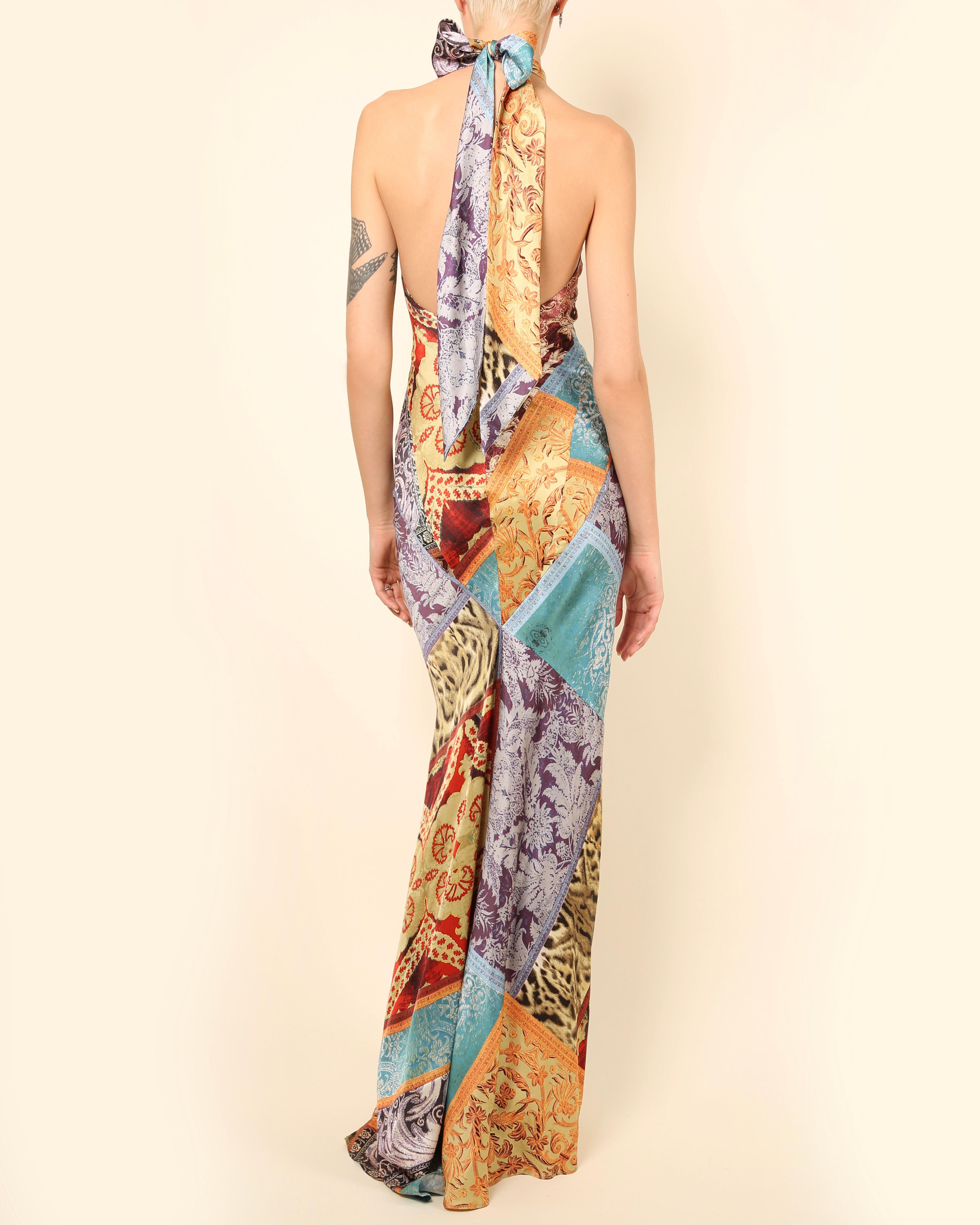 Roberto Cavalli silk floral leopard print halter neck backless maxi dress gown 5