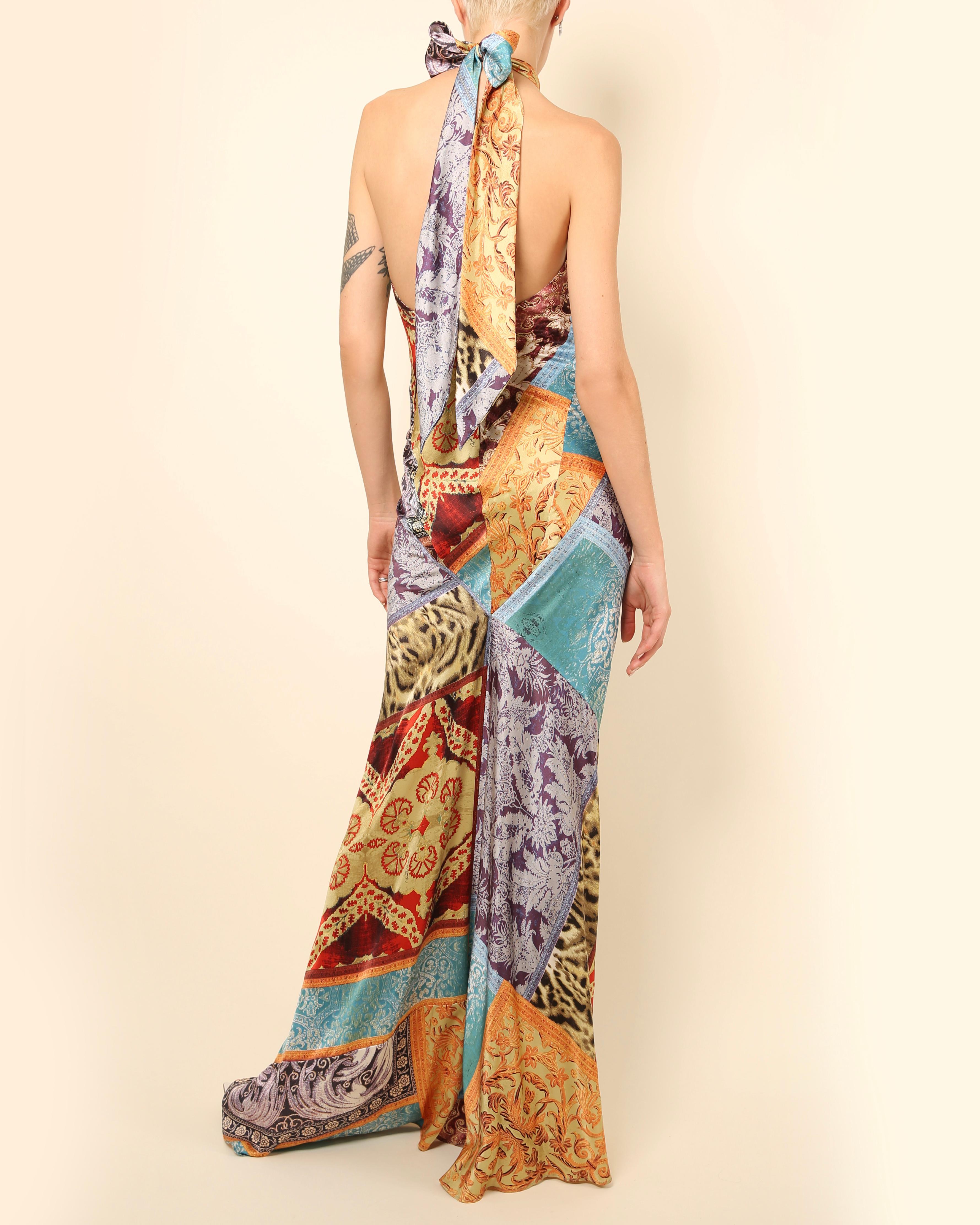 Roberto Cavalli silk floral leopard print halter neck backless maxi dress gown 6