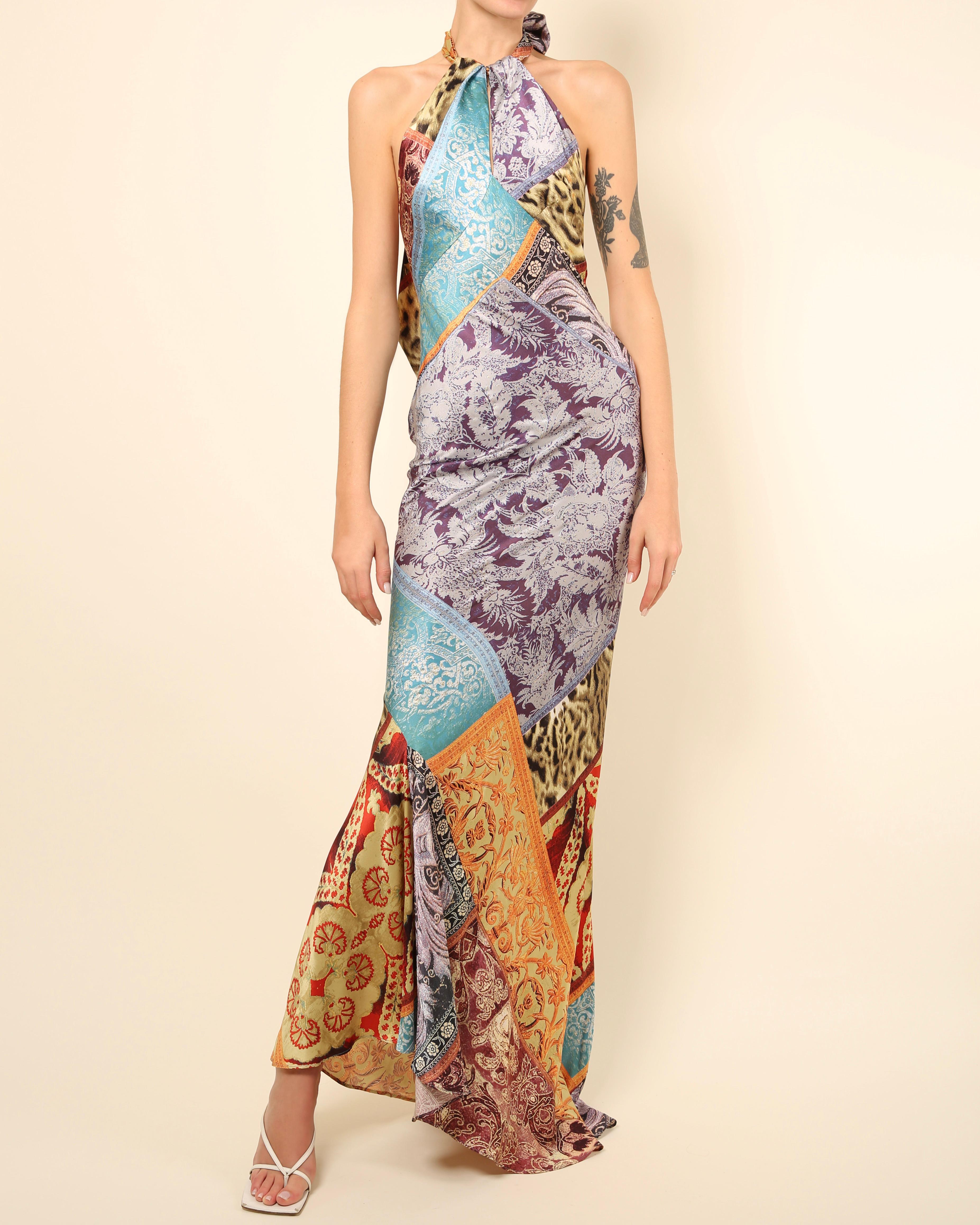 Brown Roberto Cavalli silk floral leopard print halter neck backless maxi dress gown