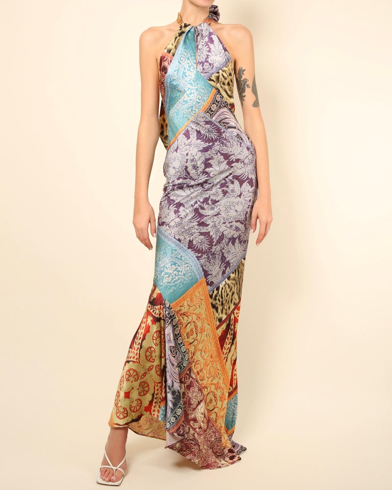 Roberto Cavalli silk floral leopard print halter neck backless maxi dress  gown