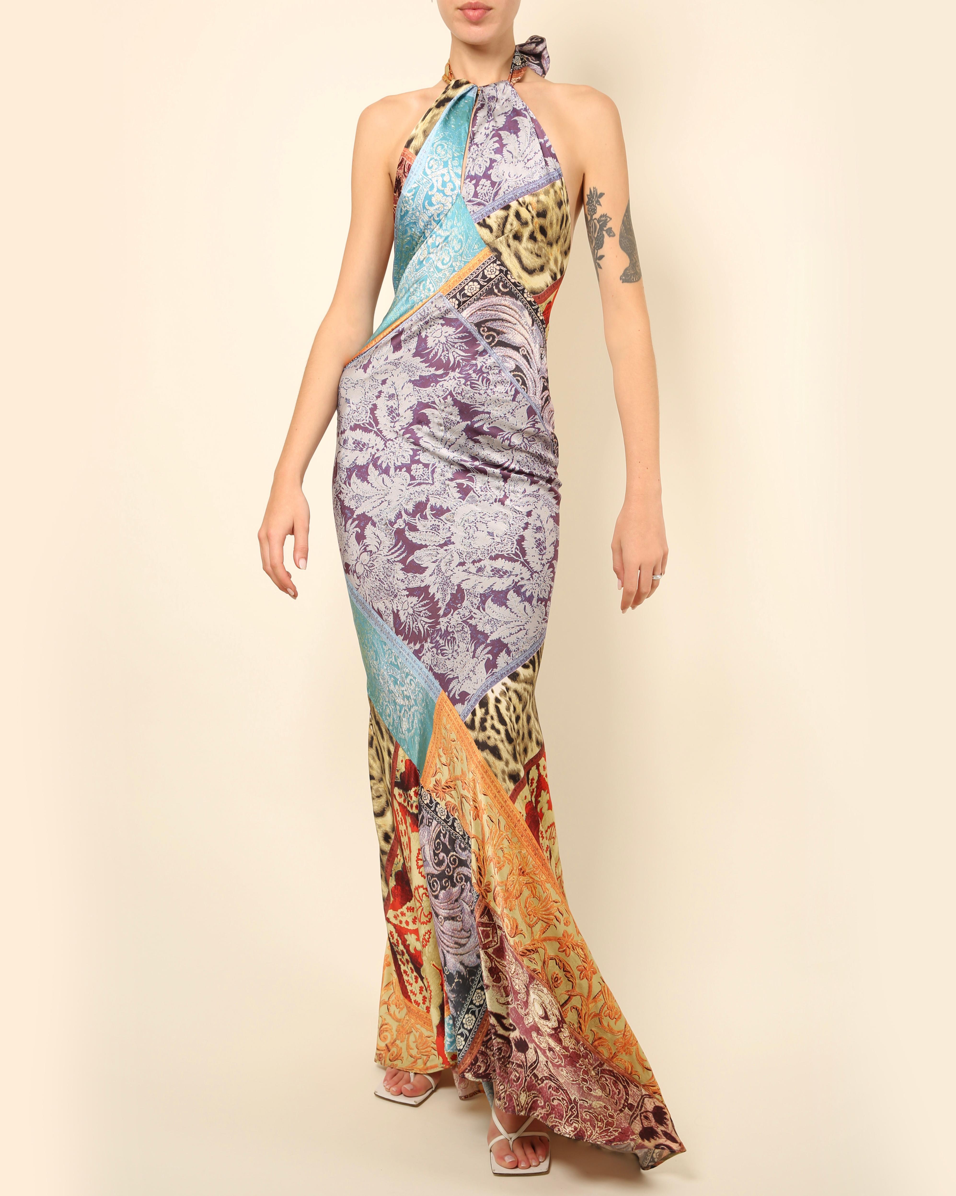Roberto Cavalli silk floral leopard print halter neck backless maxi dress gown In Excellent Condition In Paris, FR