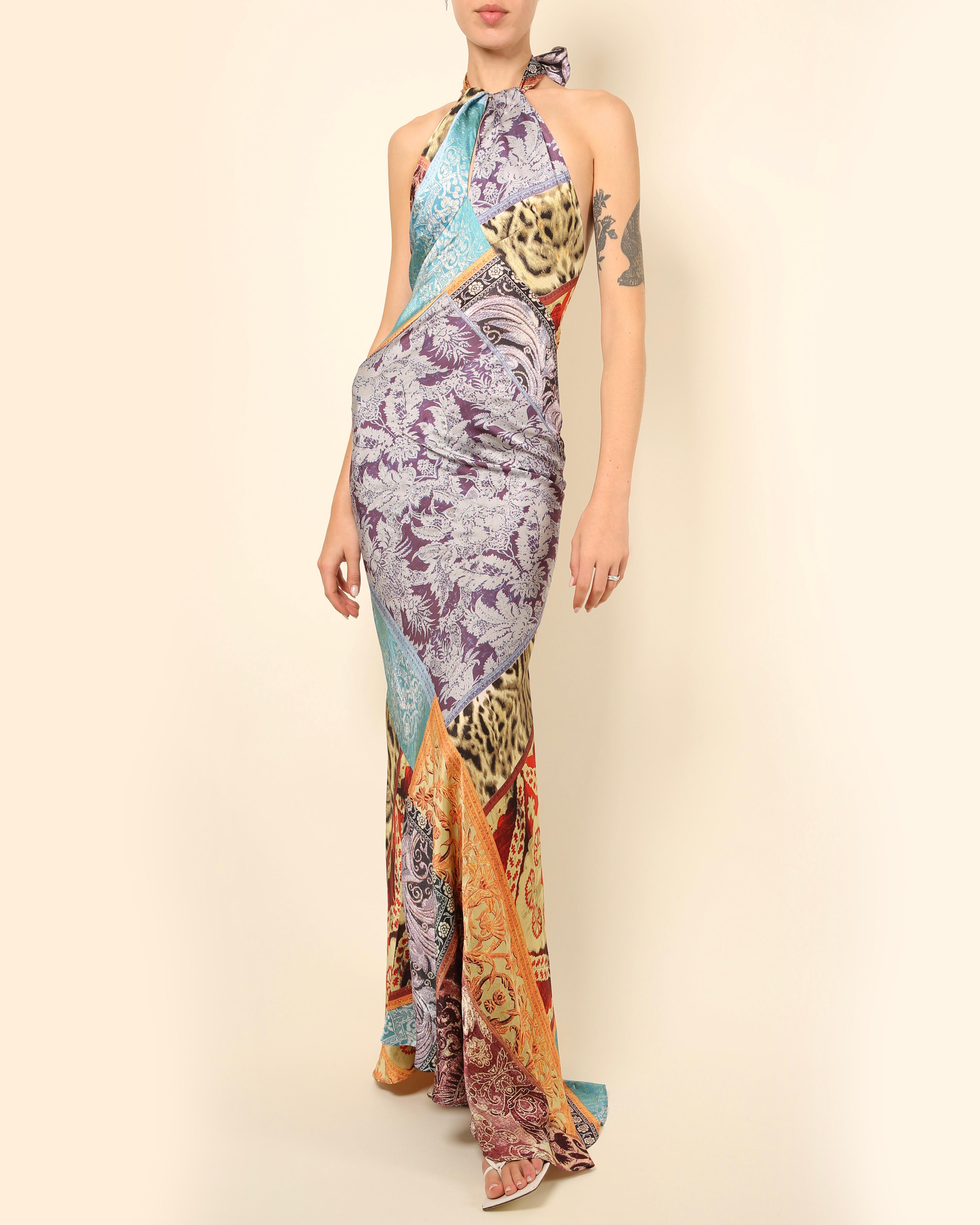 Women's Roberto Cavalli silk floral leopard print halter neck backless maxi dress gown