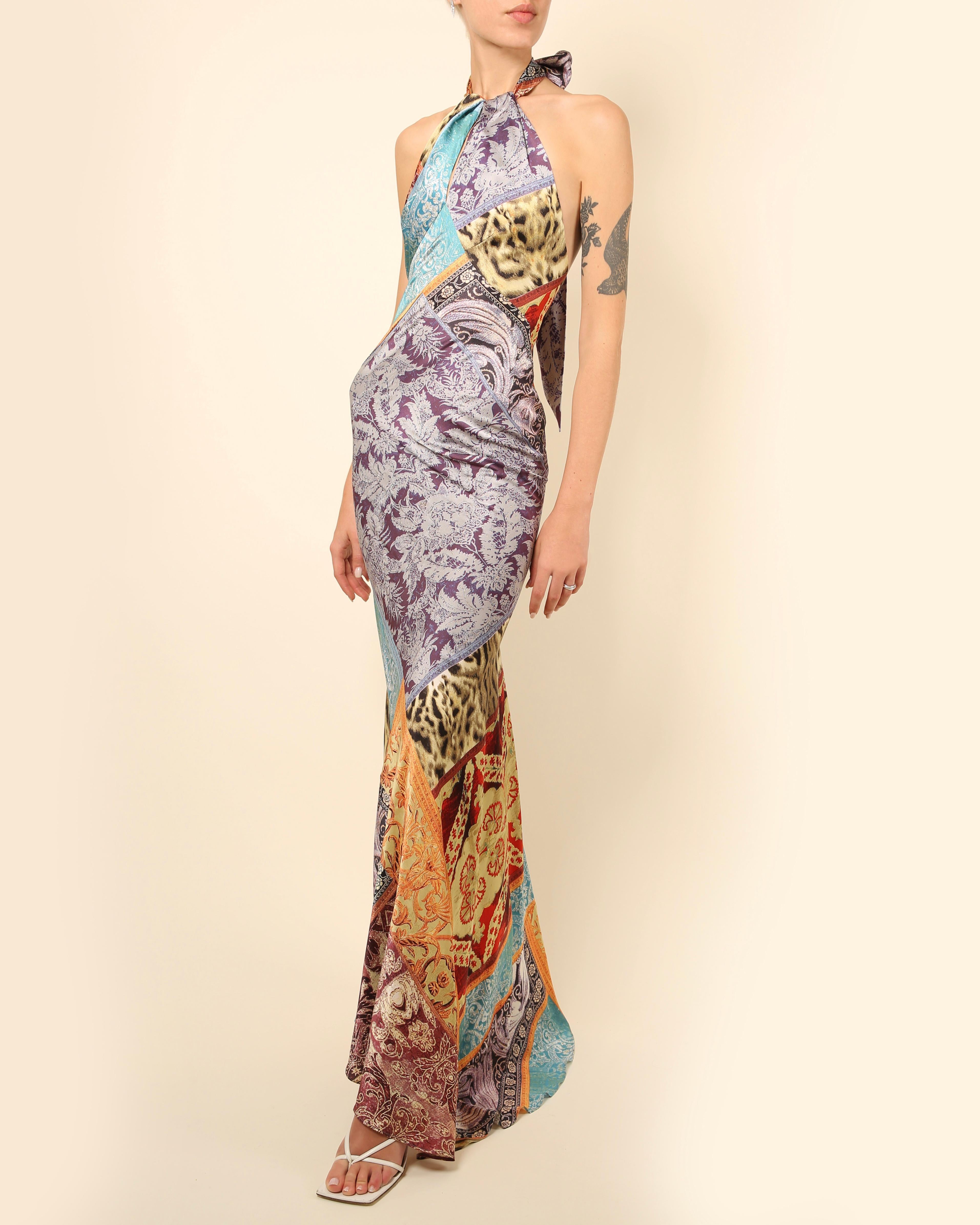 Roberto Cavalli silk floral leopard print halter neck backless maxi dress gown 1