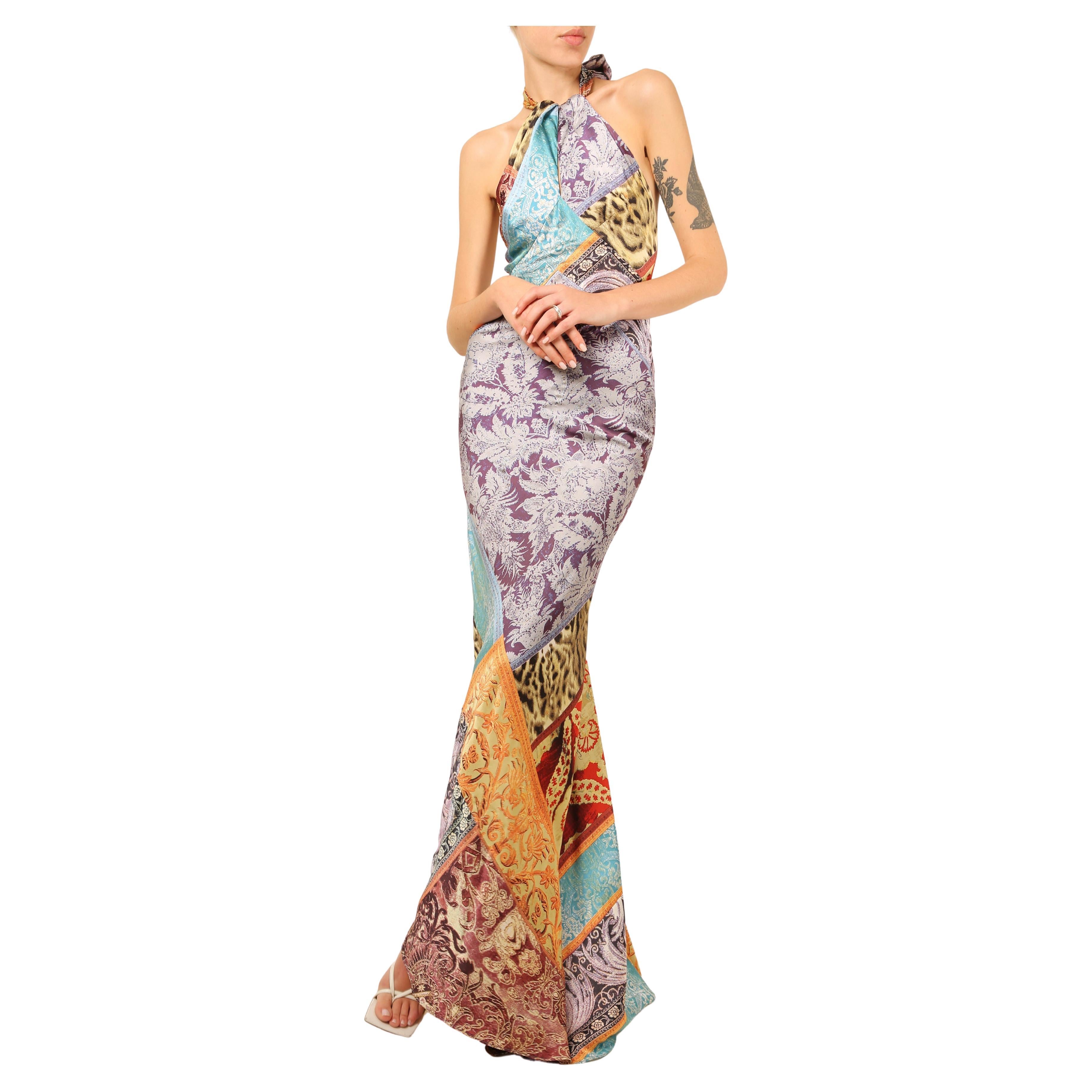 Roberto Cavalli silk floral leopard print halter neck backless maxi dress gown