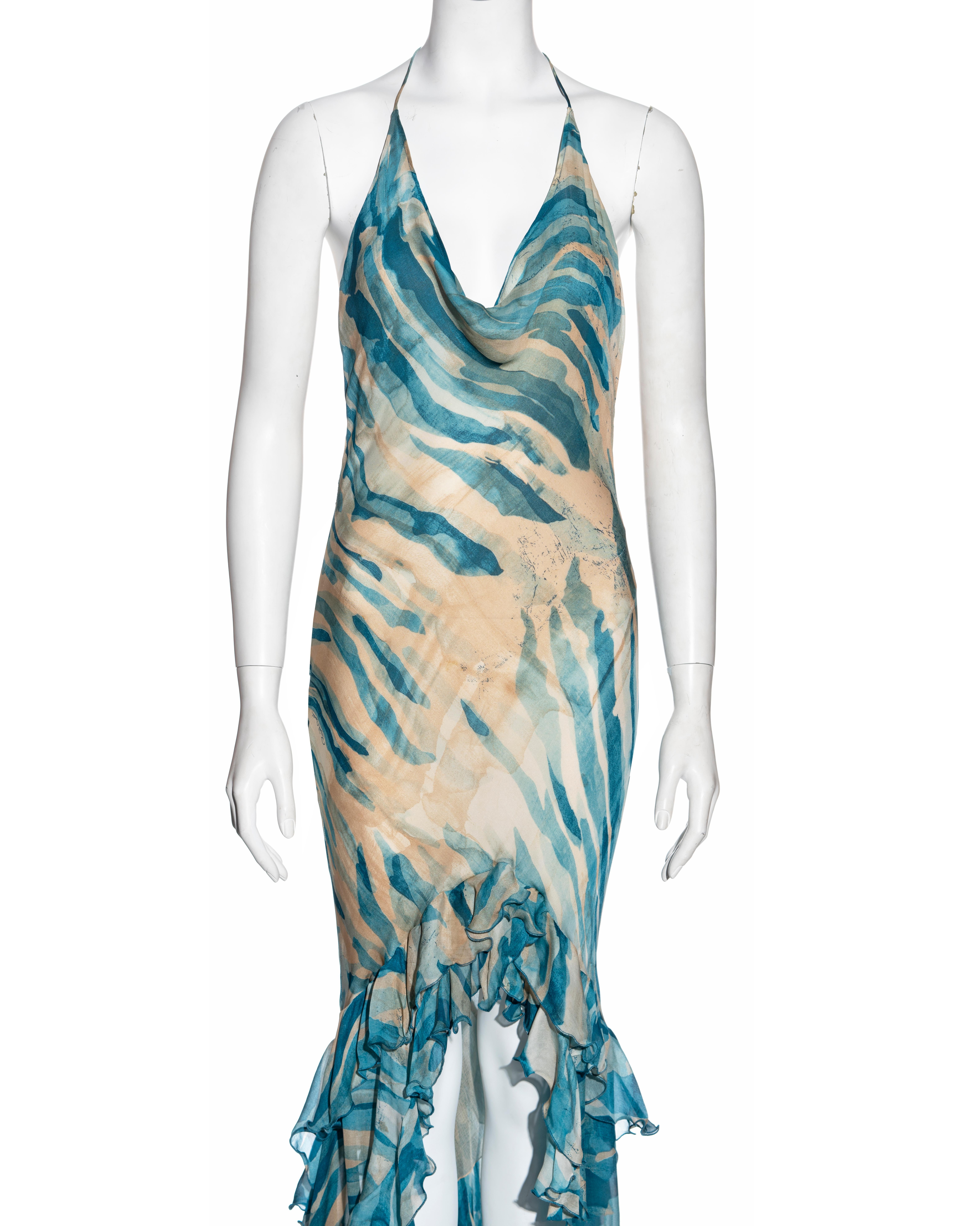 Roberto Cavalli silk halter-neck evening dress with train, ss 2005 In Excellent Condition In London, GB