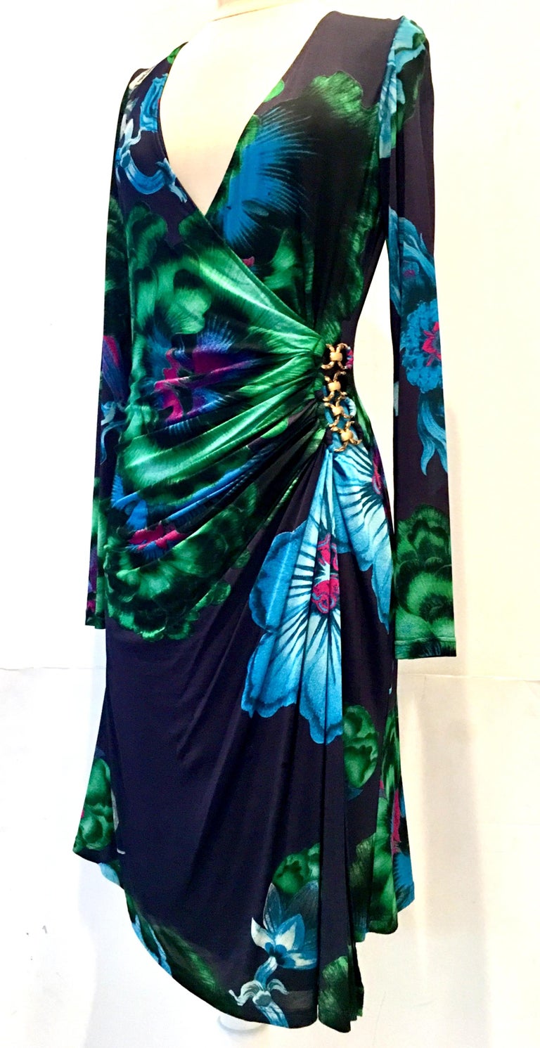 2002 Silk Jersey Wrap Gilt Brass Dress By Roberto Cavalli. This vibrant abstract floral 