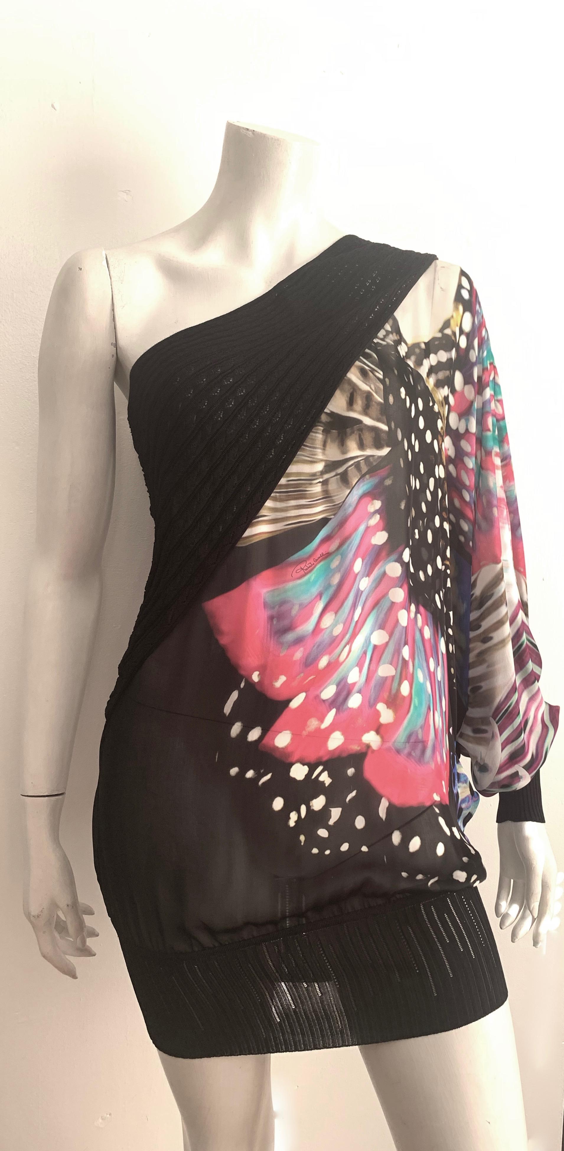 Black Roberto Cavalli Silk One Shoulder Dress Size 4.  For Sale