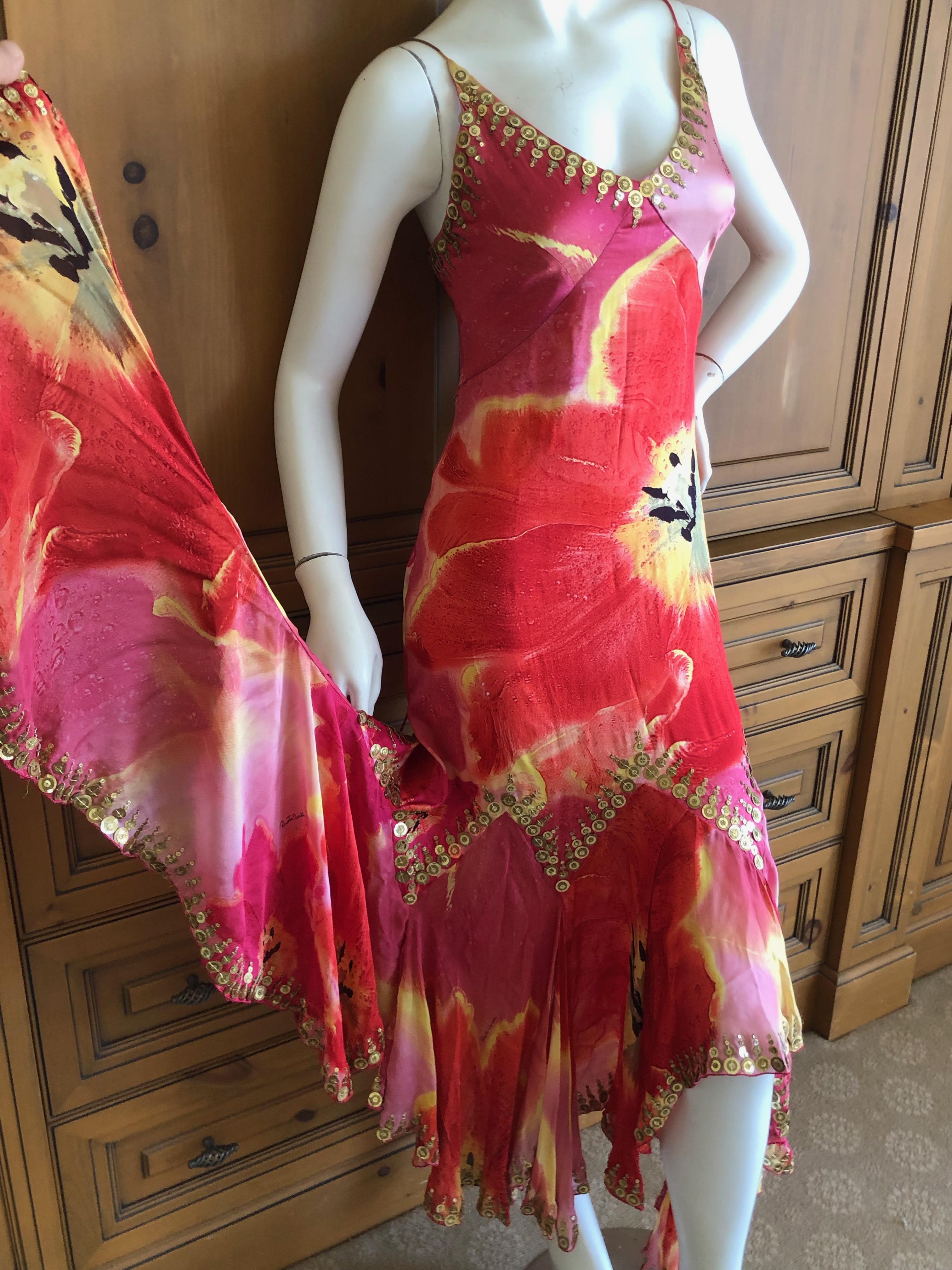 Roberto Cavalli Silk Poppy Print Gypsy Dress with Gold 