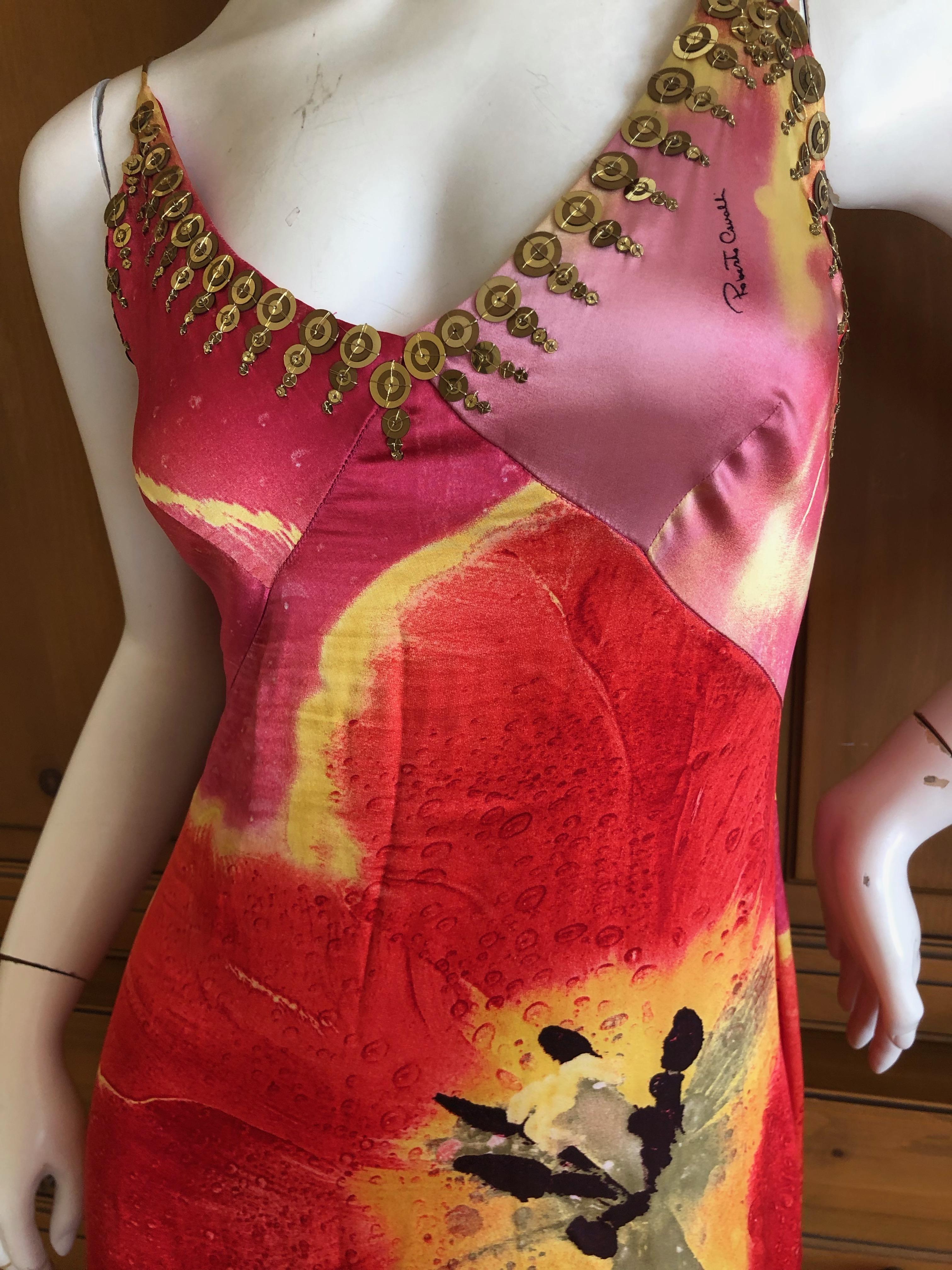 Roberto Cavalli Silk Poppy Print Gypsy Dress with Gold 