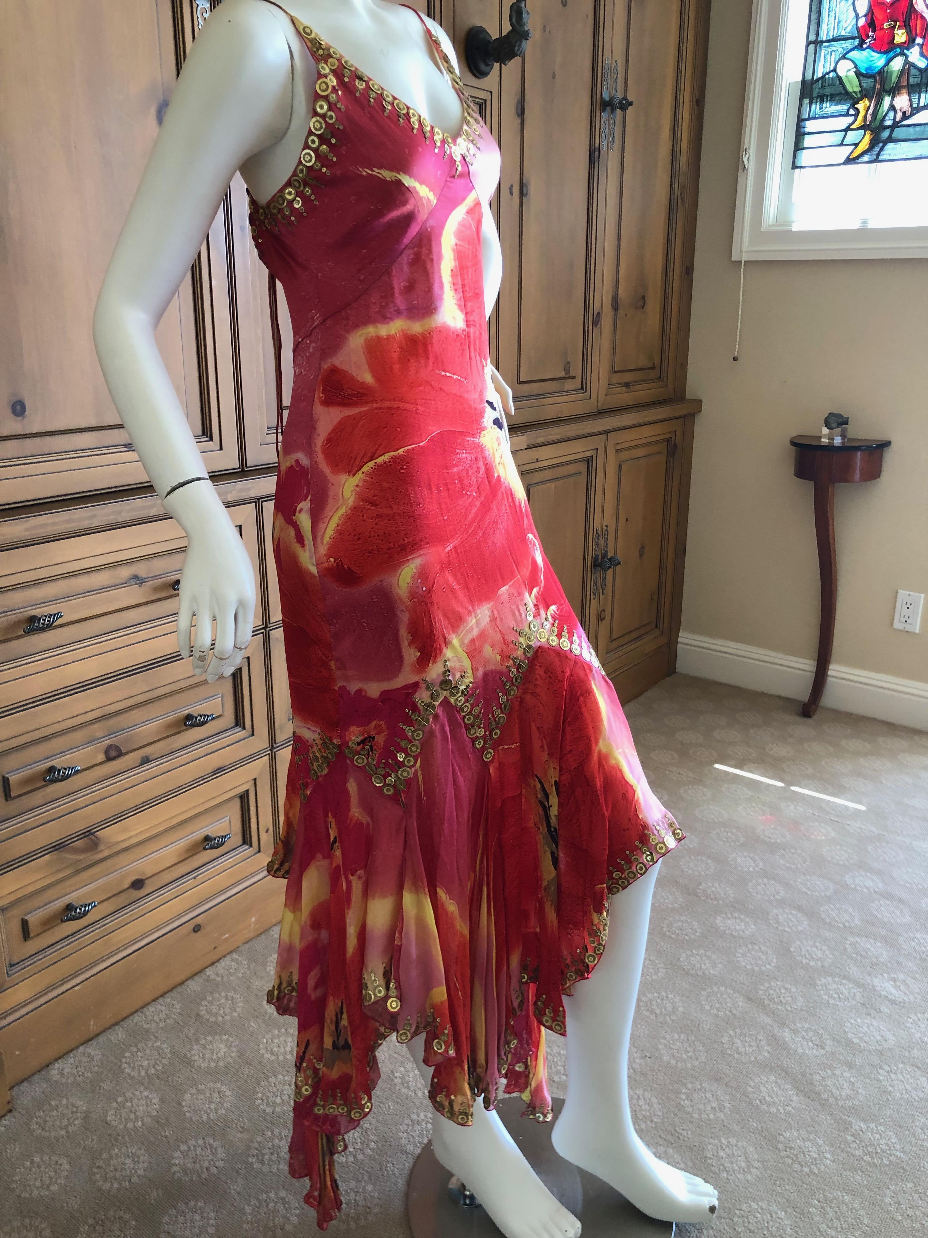 Roberto Cavalli Silk Poppy Print Gypsy Dress with Gold 