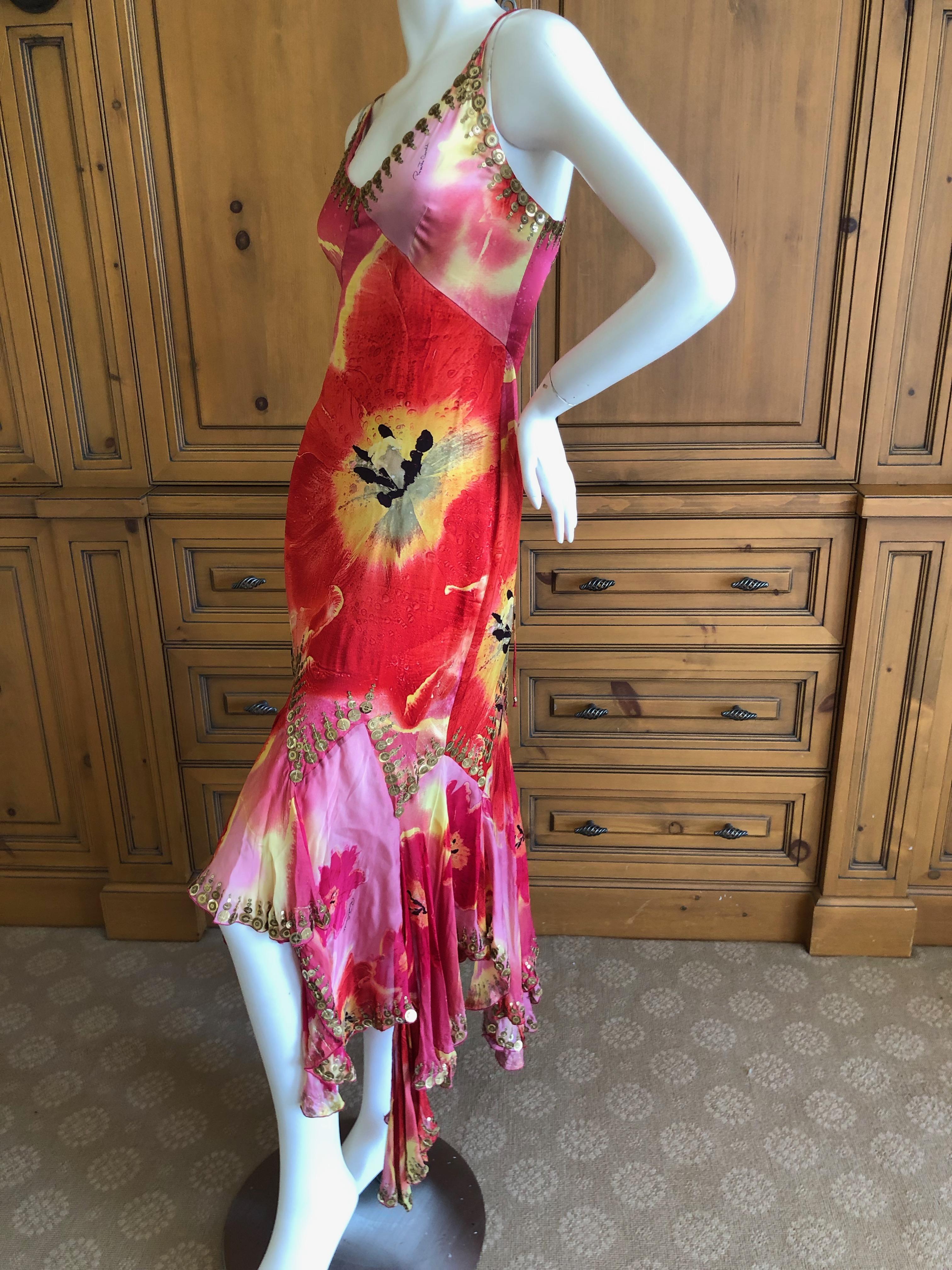 Red Roberto Cavalli Silk Poppy Print Gypsy Dress with Gold 