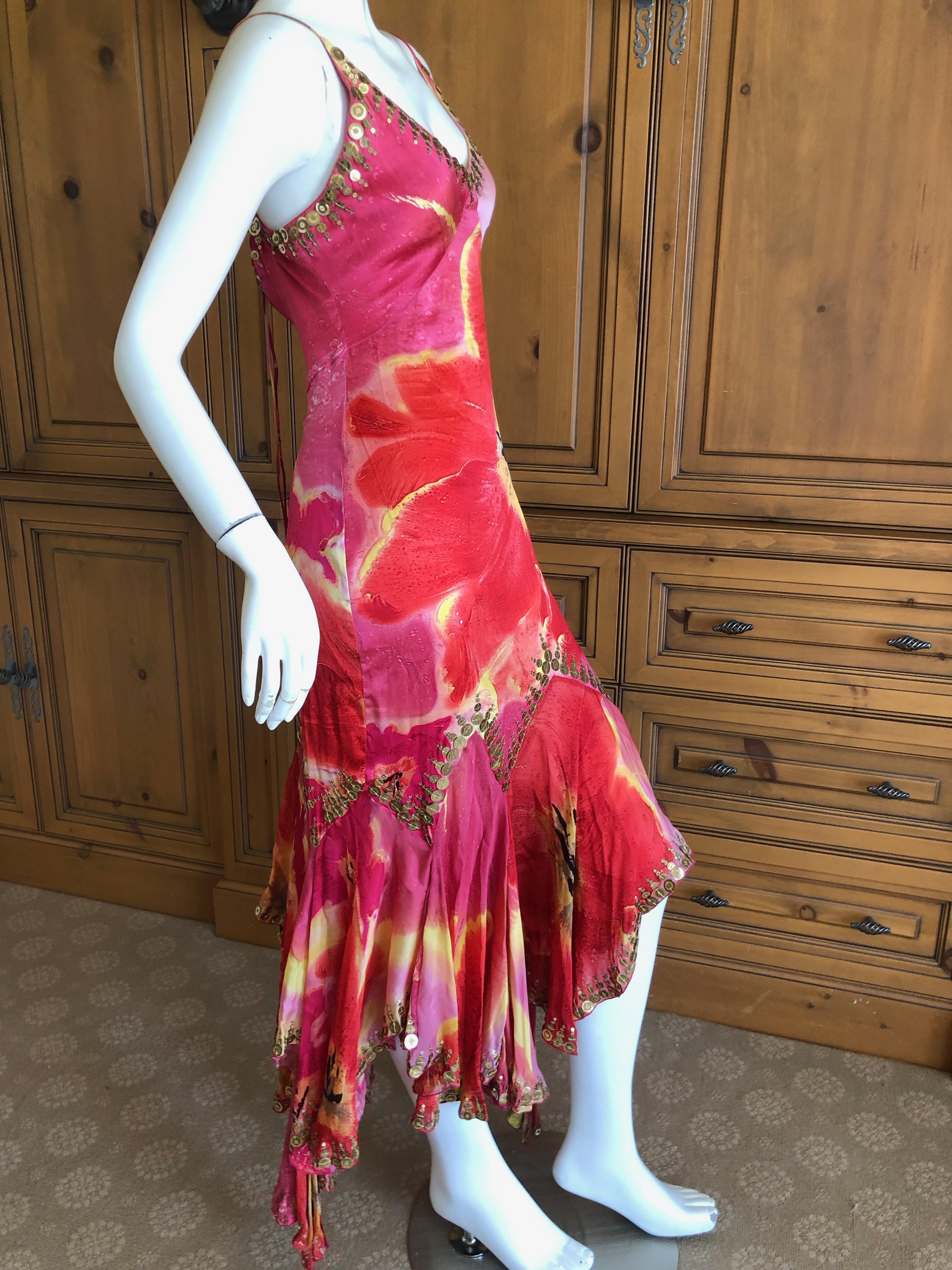 Roberto Cavalli Silk Poppy Print Gypsy Dress with Gold 