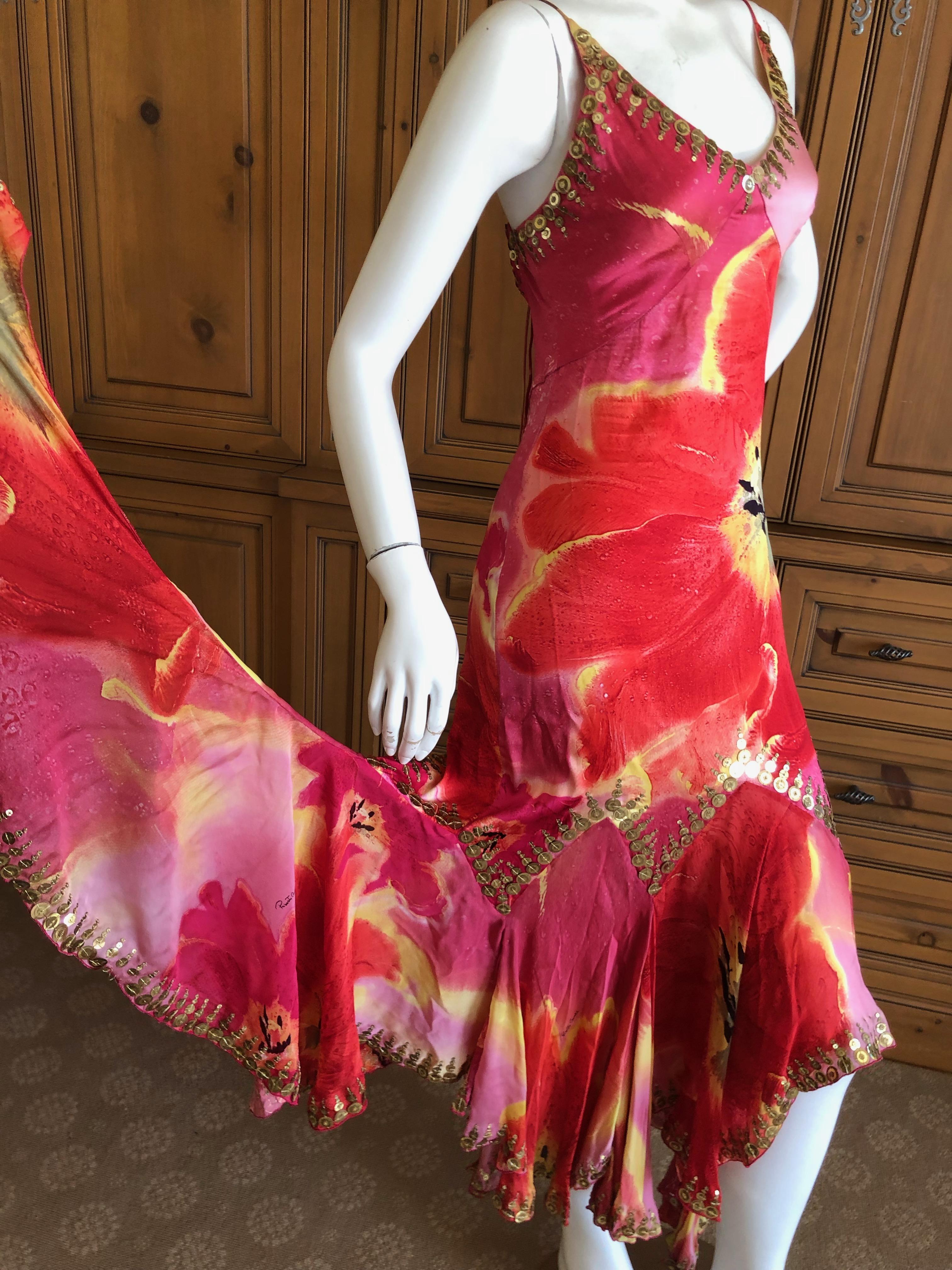 Roberto Cavalli Silk Poppy Print Gypsy Dress with Gold 