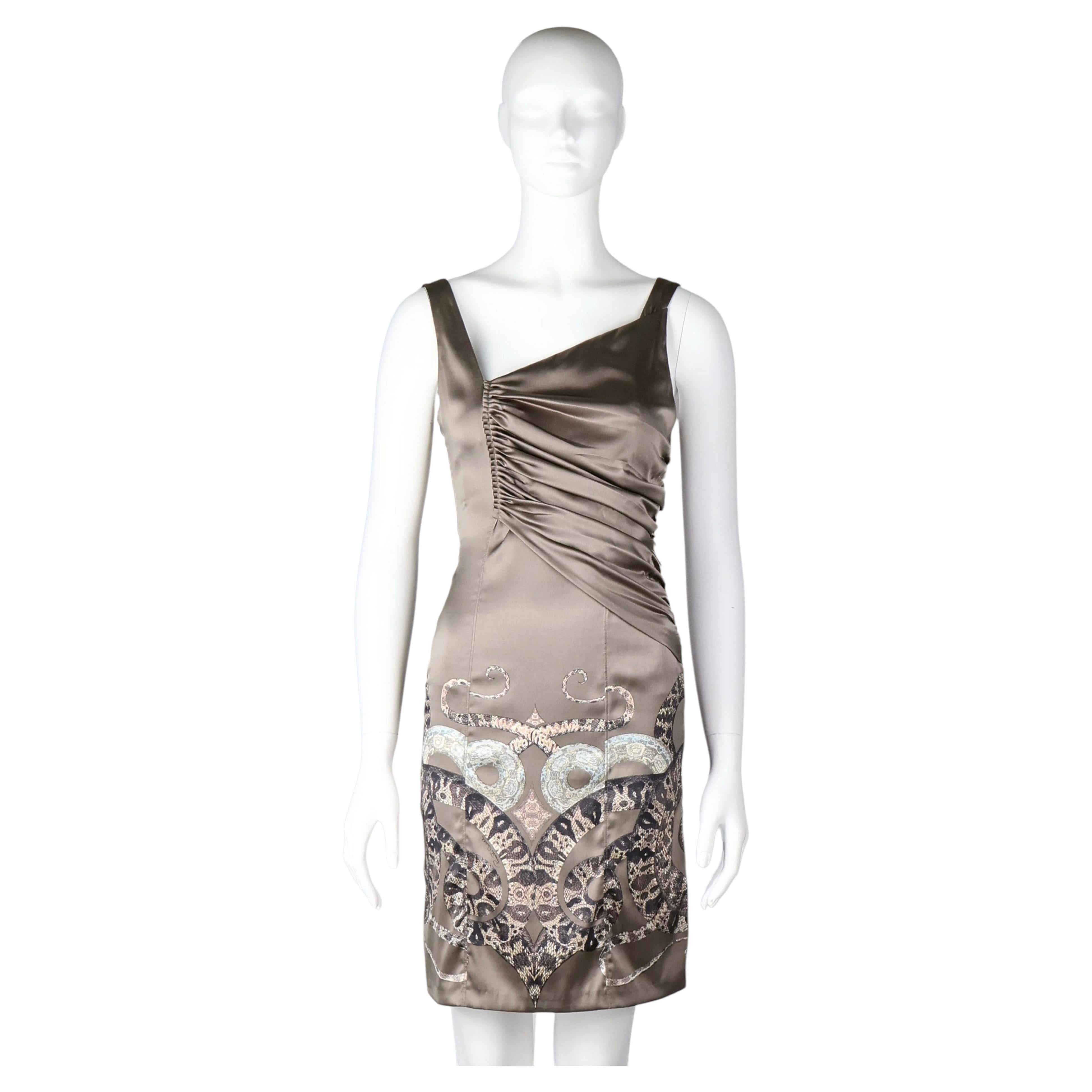 Roberto Cavalli Silk Python Print Ruched Asymmetric Cocktail Dress 2000s