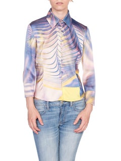 2000S ROBERTO CAVALLI Lilac & Yellow Silk Lycra Charmeuse Satin Blouse