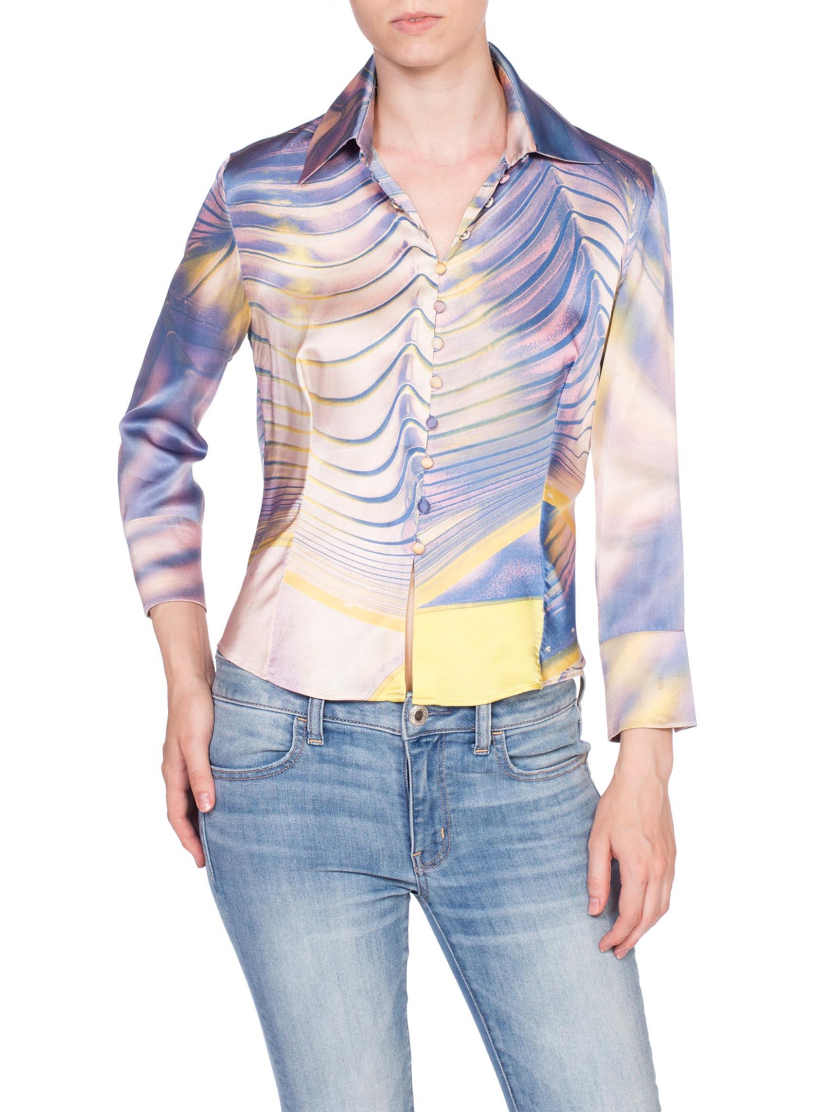 2000S ROBERTO CAVALLI Lilac & Yellow Silk Lycra Charmeuse Satin Blouse In Excellent Condition In New York, NY
