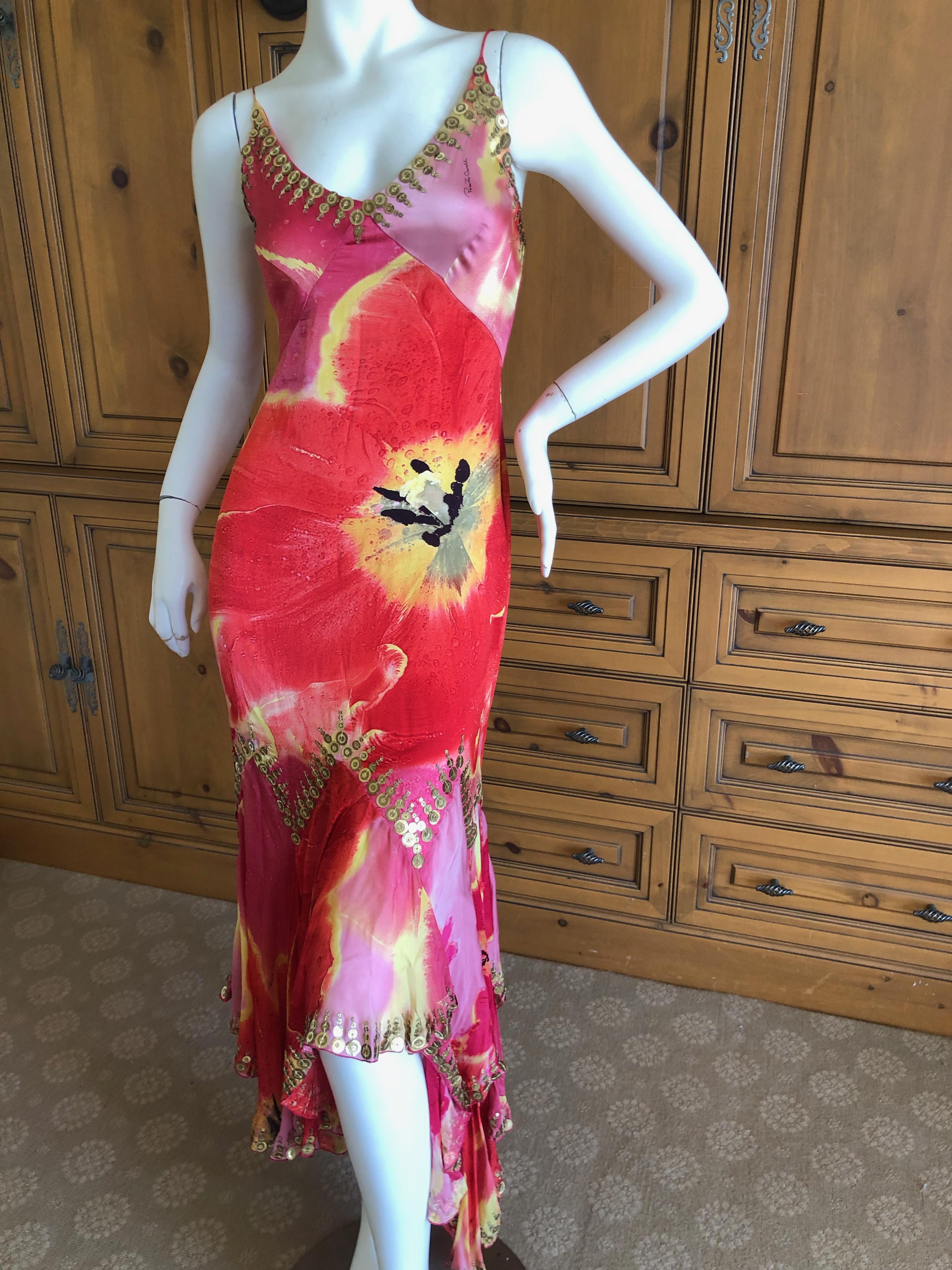 Red Roberto Cavalli Silk Tie Dye Gypsy Dress with Gold 