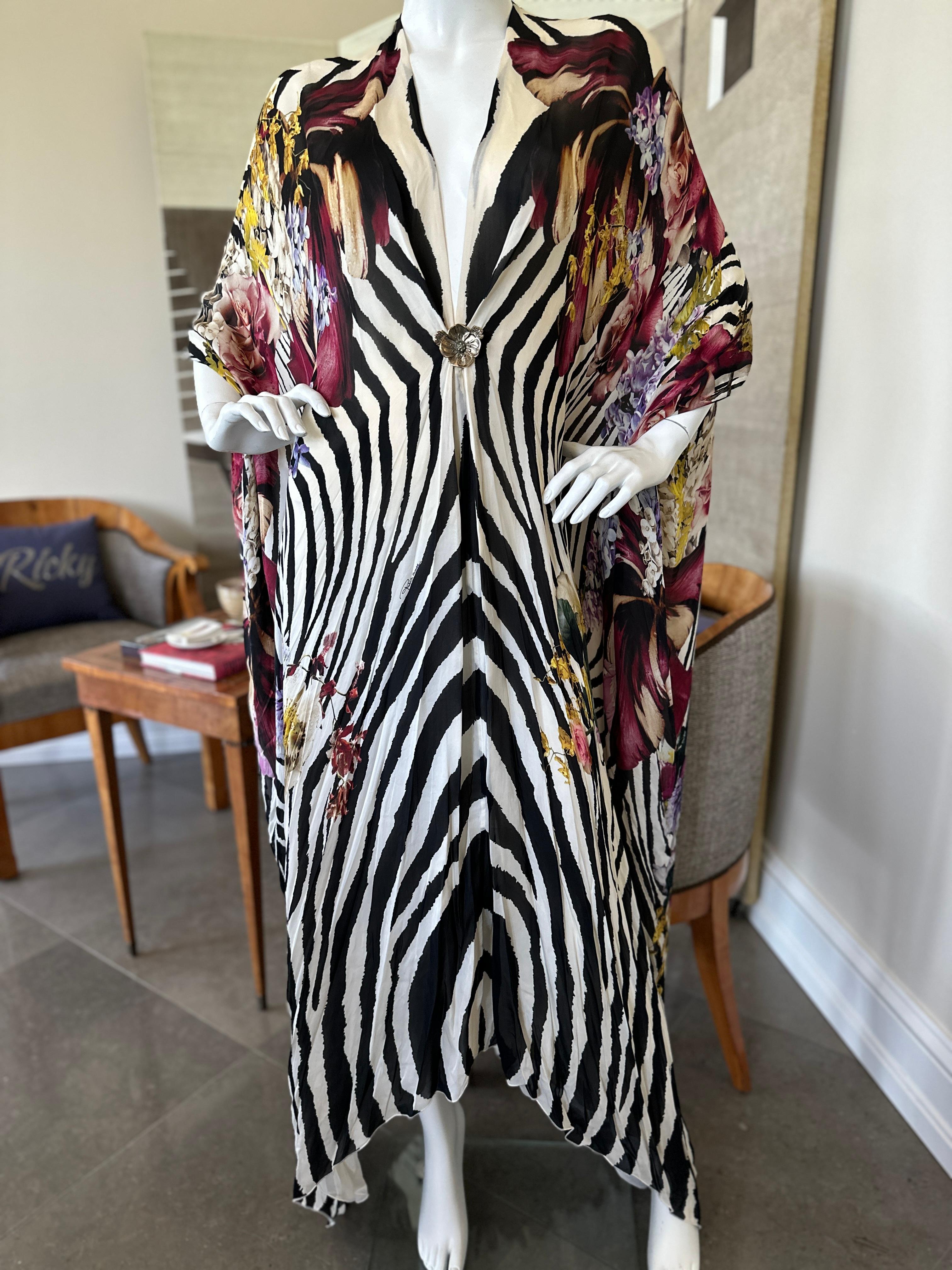 Roberto Cavalli Silk Zebra and Floral Pattern Caftan  In Excellent Condition For Sale In Cloverdale, CA