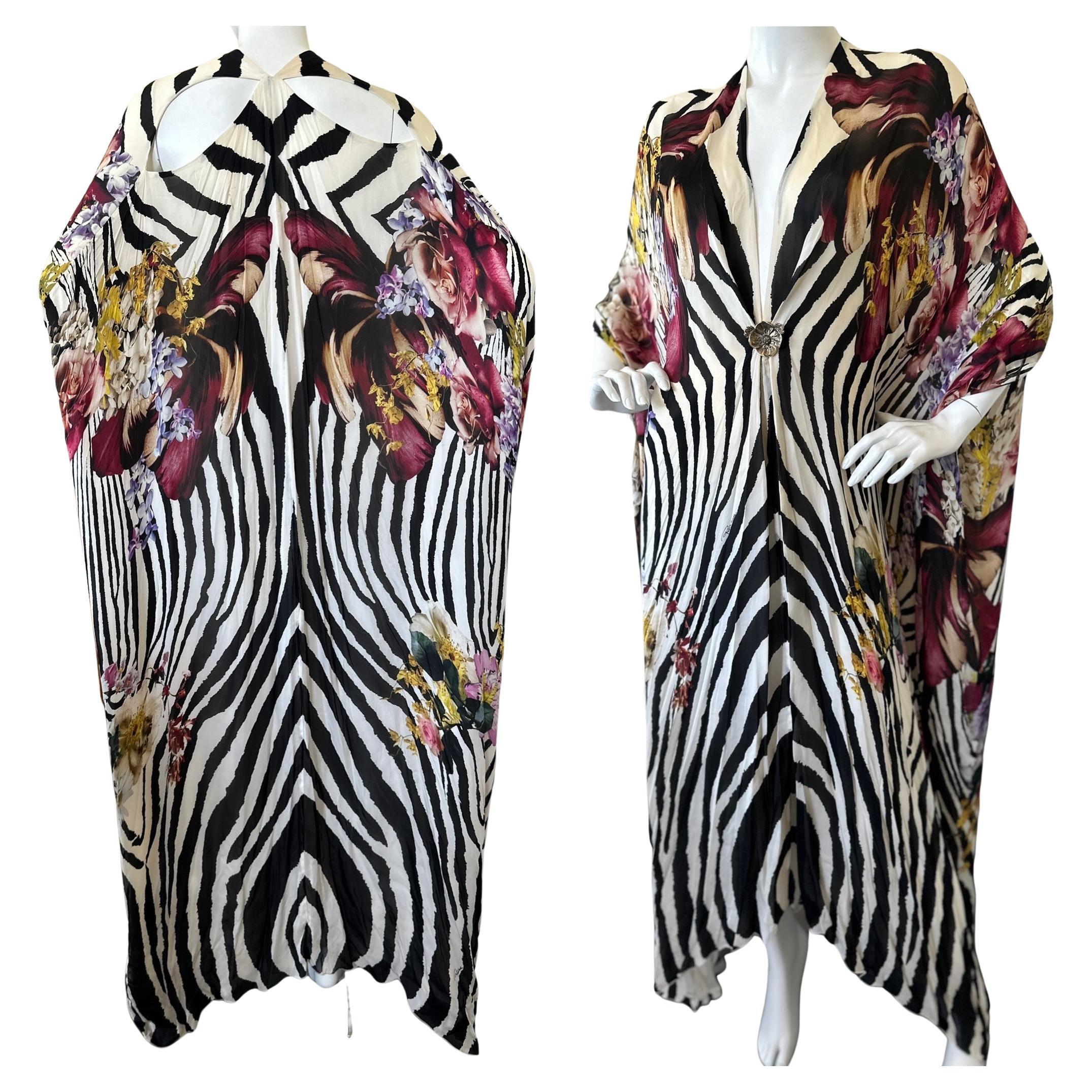 Roberto Cavalli Silk Zebra and Floral Pattern Caftan  For Sale