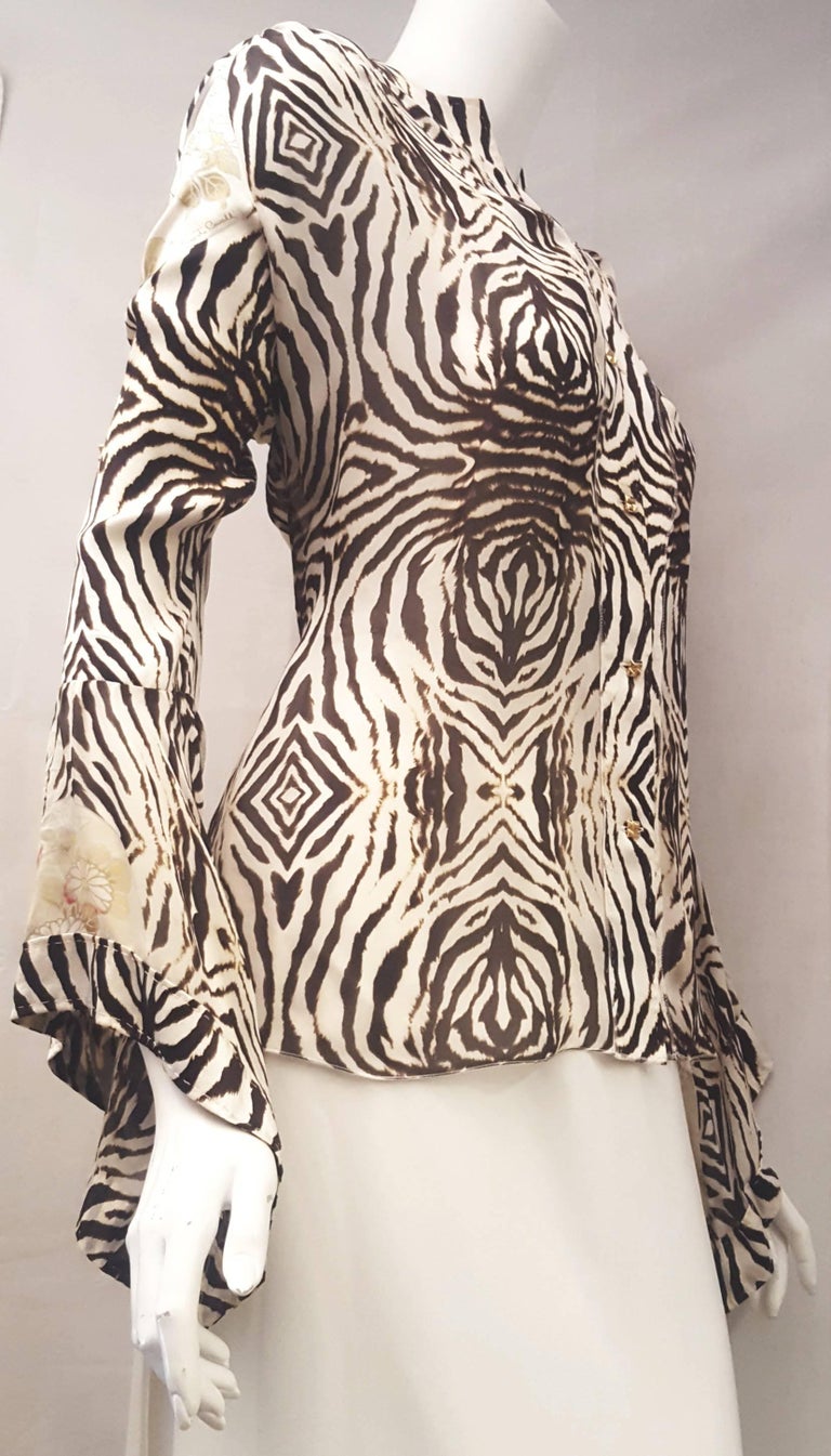 Roberto Cavalli Silk Zebra Print Long Sleeve Flared Cuff, w/Goldtone ...