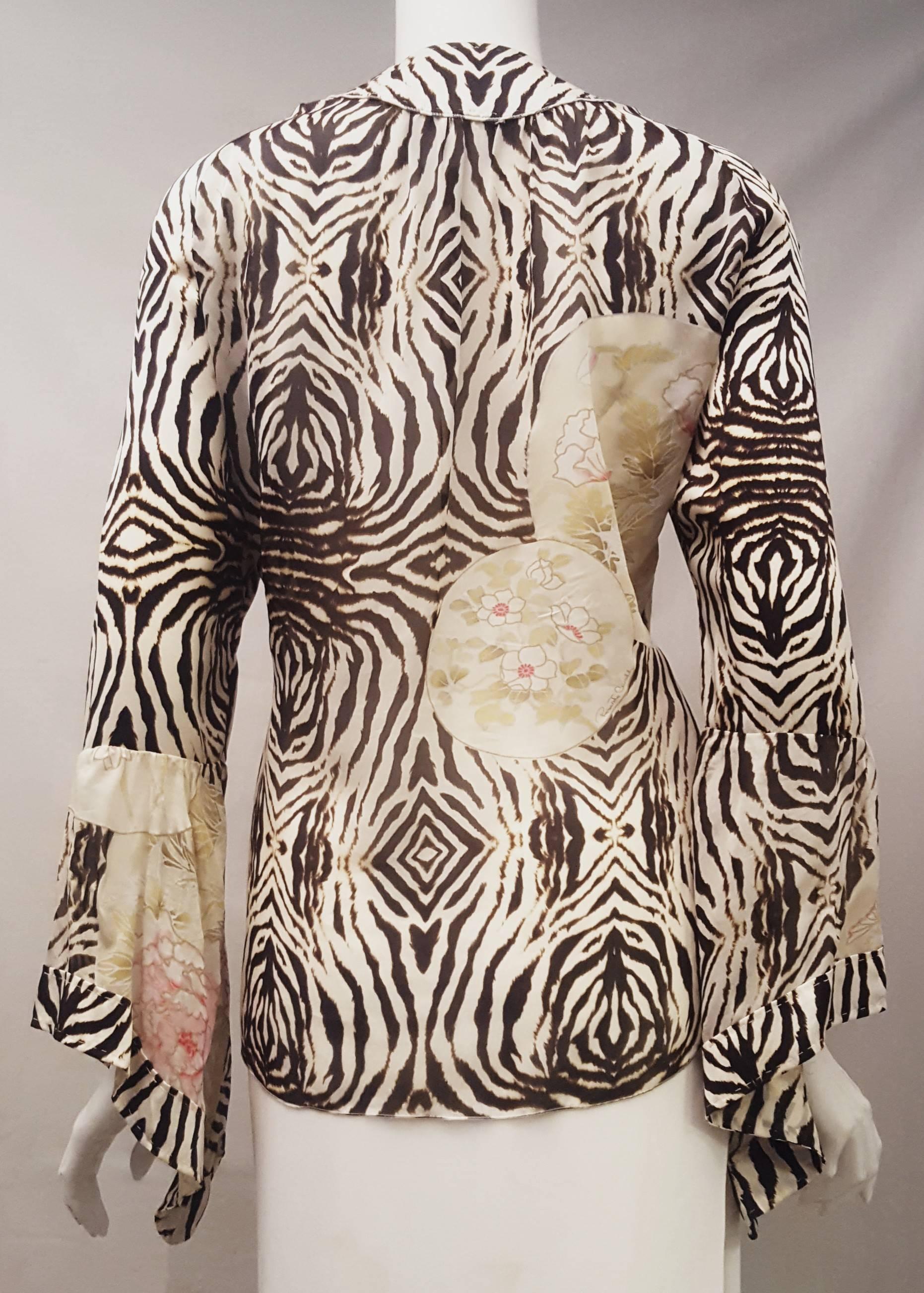 Beige Roberto Cavalli Silk Zebra Print Long Sleeve Flared Cuff, w/Goldtone Buttons