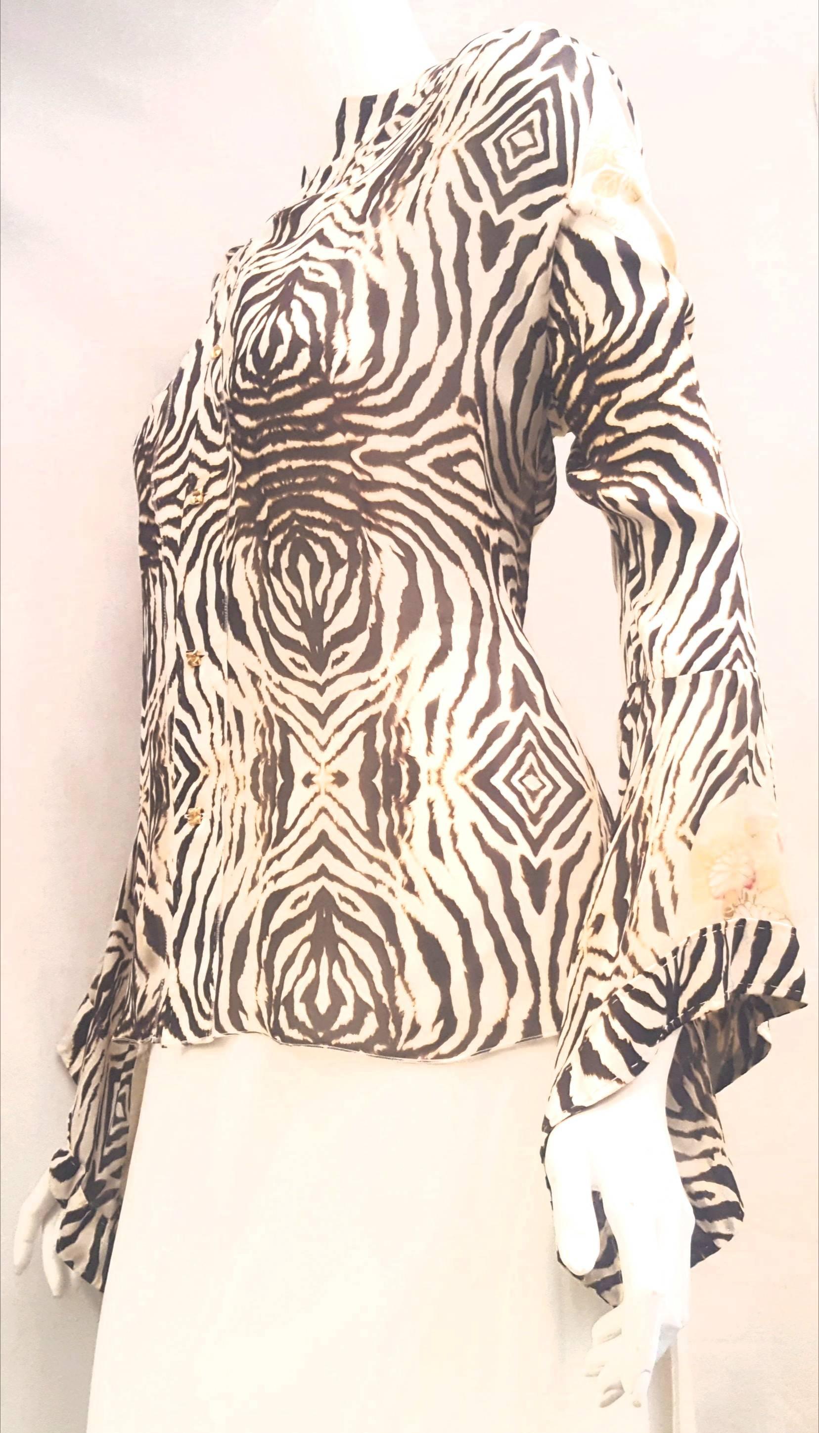 Roberto Cavalli Silk Zebra Print Long Sleeve Flared Cuff, w/Goldtone Buttons In Excellent Condition In Palm Beach, FL