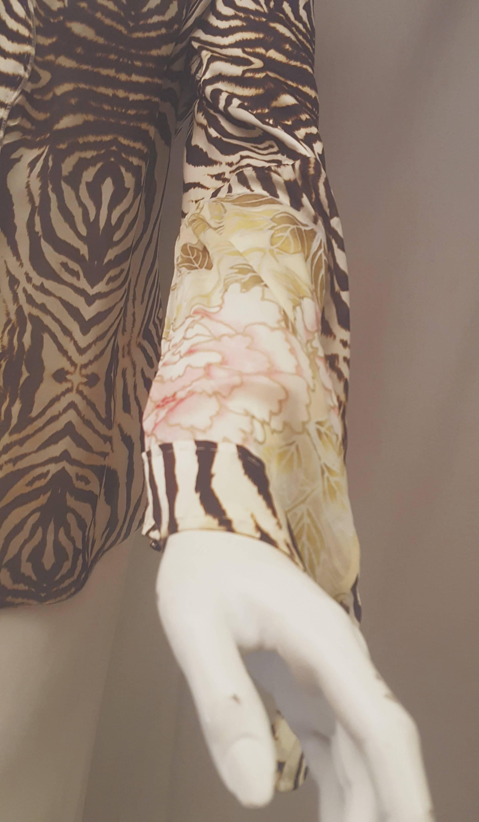 Roberto Cavalli Silk Zebra Print Long Sleeve Flared Cuff, w/Goldtone Buttons 1